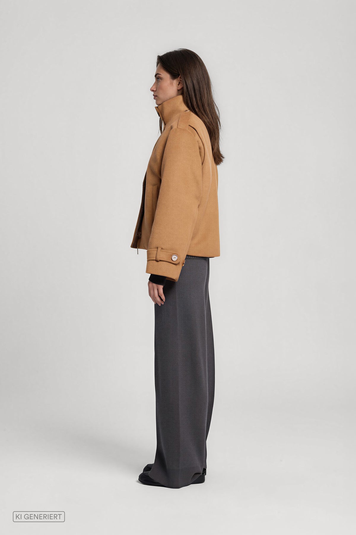 Seitenansicht eines Models in einer camelbraunen Kurzjacke mit hohem Stehkragen und Riegeldetail am Ärmel, kombiniert mit einer weit geschnittenen dunkelgrauen Hose.