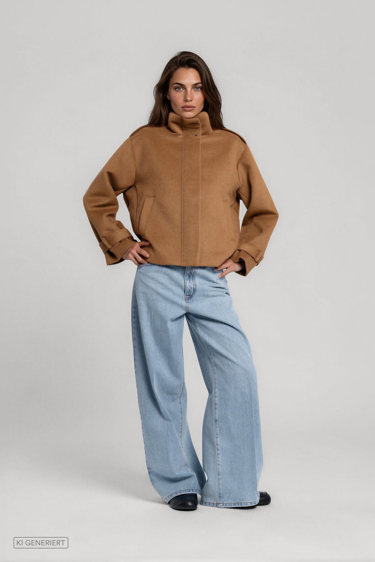Vorderansicht eines Models in einer camelbraunen Kurzjacke mit hohem Stehkragen und verdecktem Verschluss, kombiniert mit einer hellblauen, weit geschnittenen Jeans.