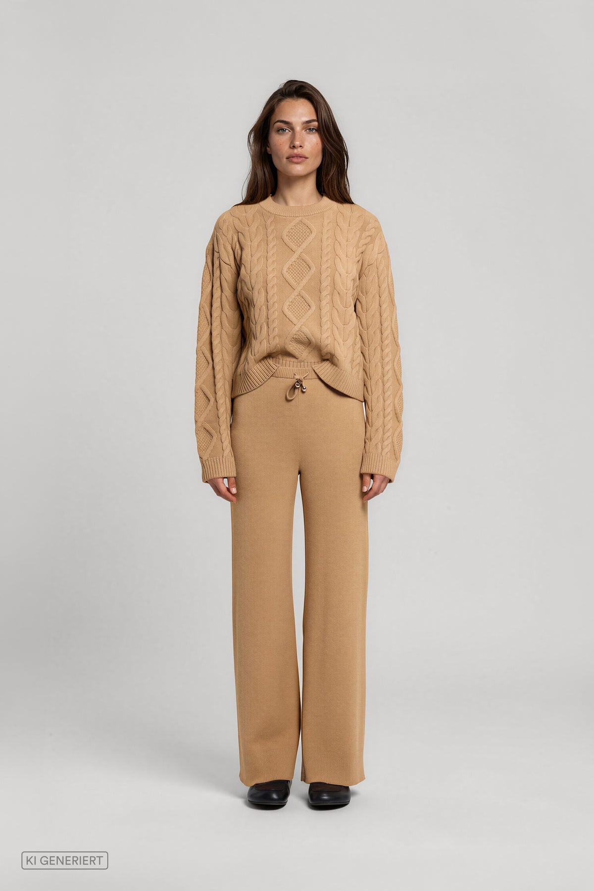 Vorderansicht eines Models in einem camelbraunen Strickset aus Pullover mit Zopfmuster und weit geschnittener Strickhose mit Bindeband.