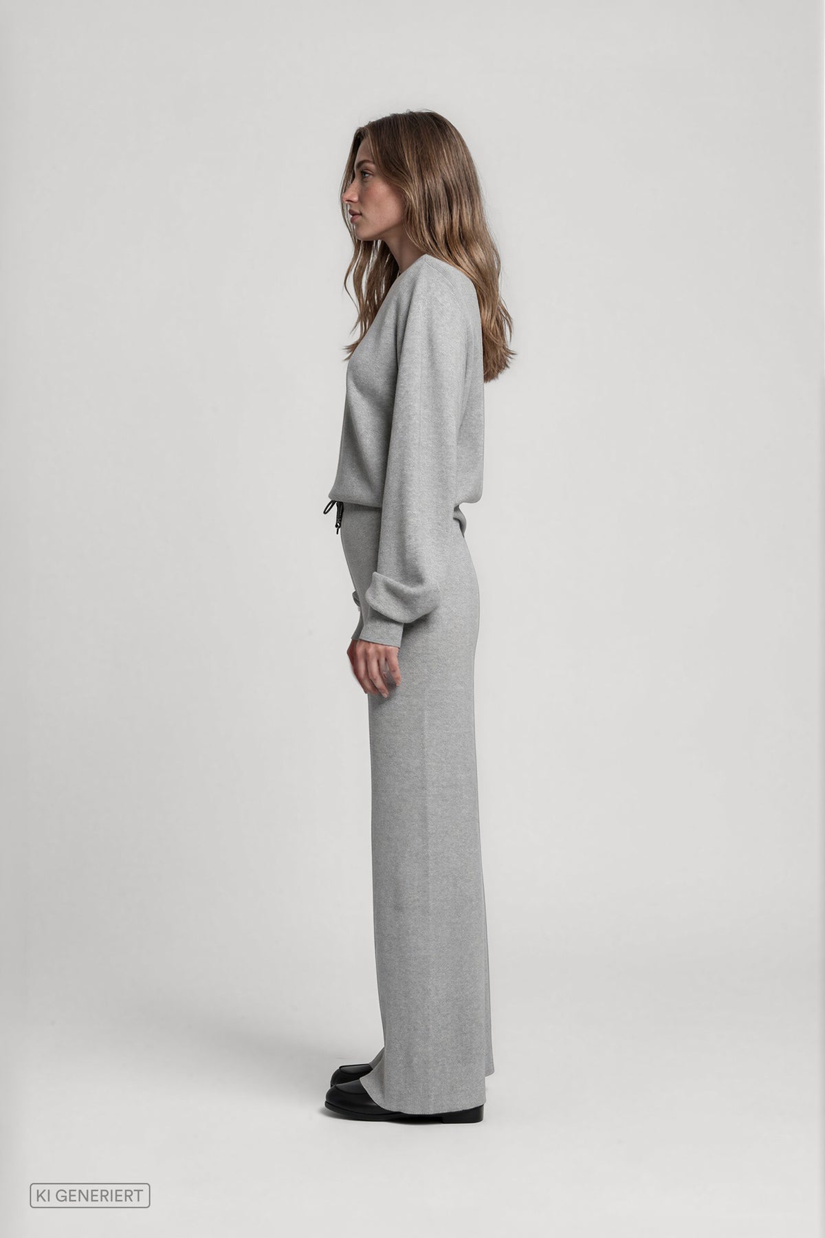 Seitenansicht eines Models in einem hellgrau melierten Strickset aus langärmligem Pullover mit Rundhalsausschnitt und weit geschnittener Strickhose.