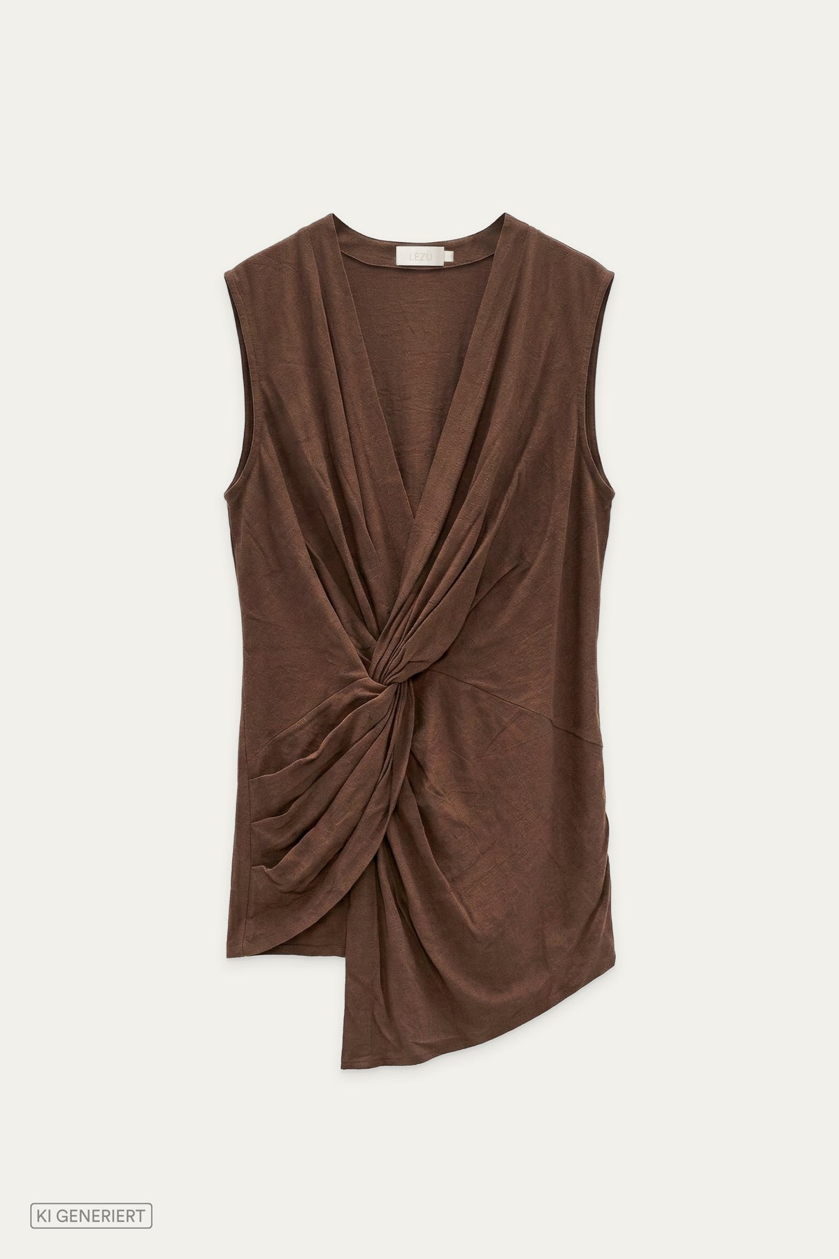 Braunes Top mit Drapierung und asymmetrischem Saum, flach liegend