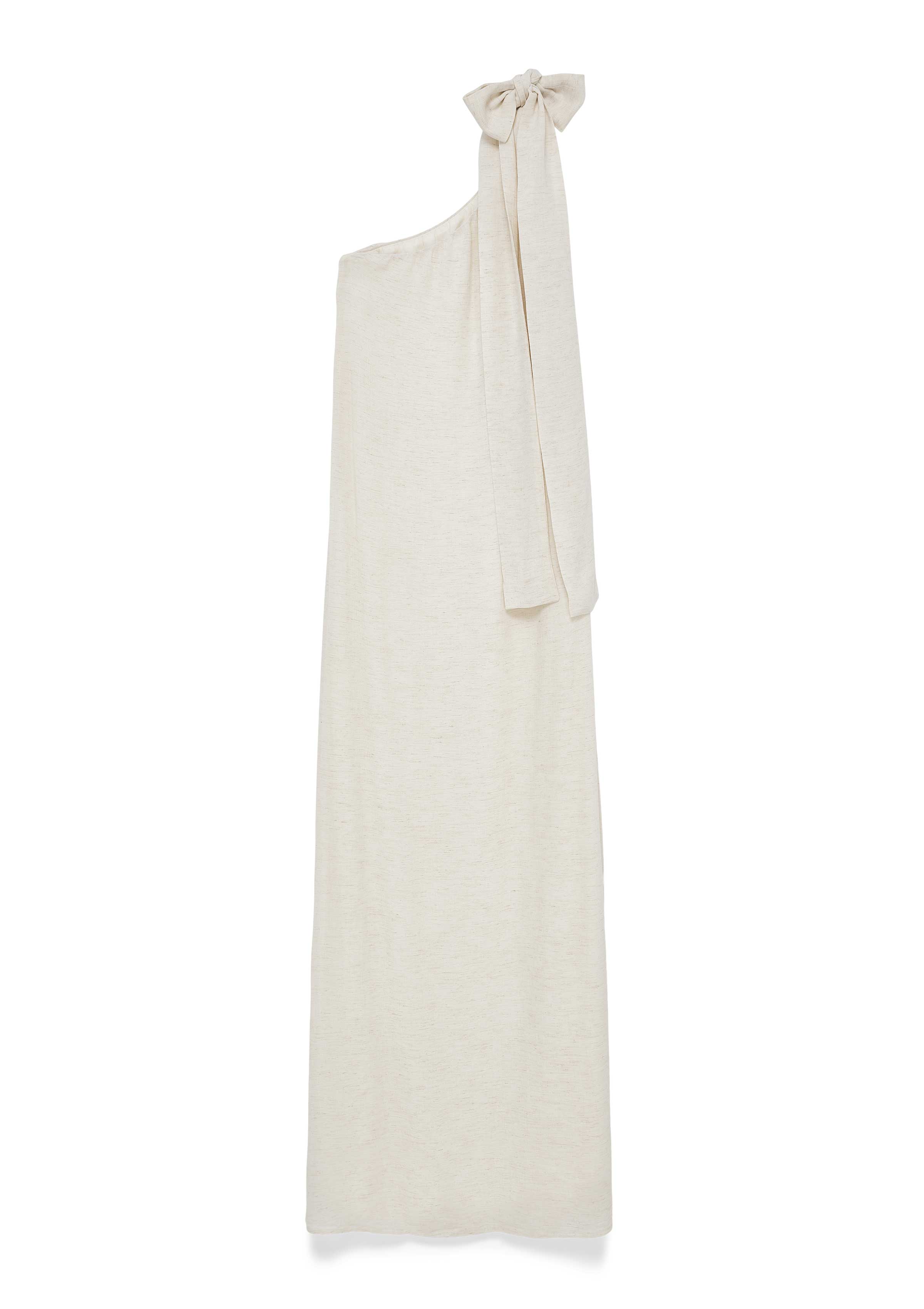 Beiges One-Shoulder-Strickkleid in Midi-Länge mit breitem Träger, der an der Schulter zu einer großen Schleife gebunden ist. Lockerer, gerader Schnitt.