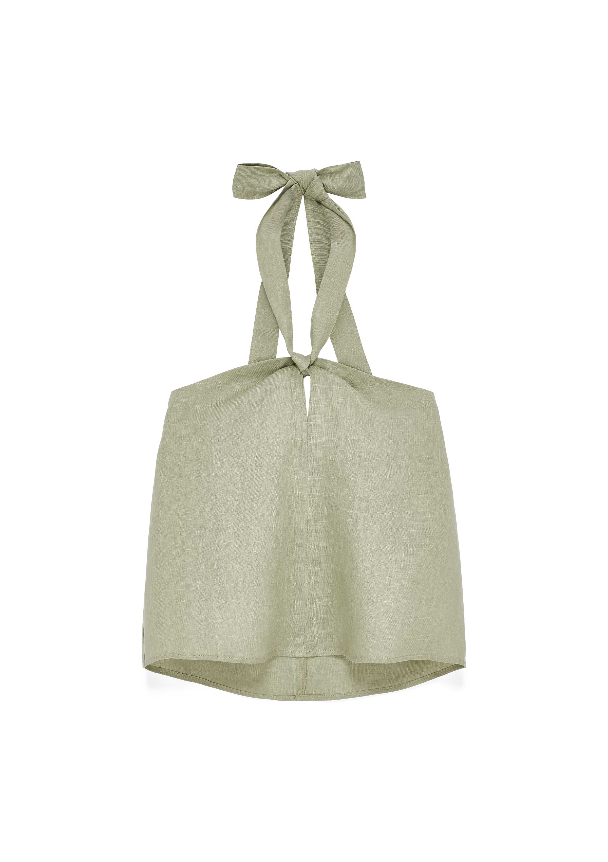 Salbeigrünes Halterneck-Top aus Leinen mit breiten, zum Schleifen gebundenen Trägern im Nacken. Lockerer, leicht ausgestellter Schnitt mit Schlitz vorn.