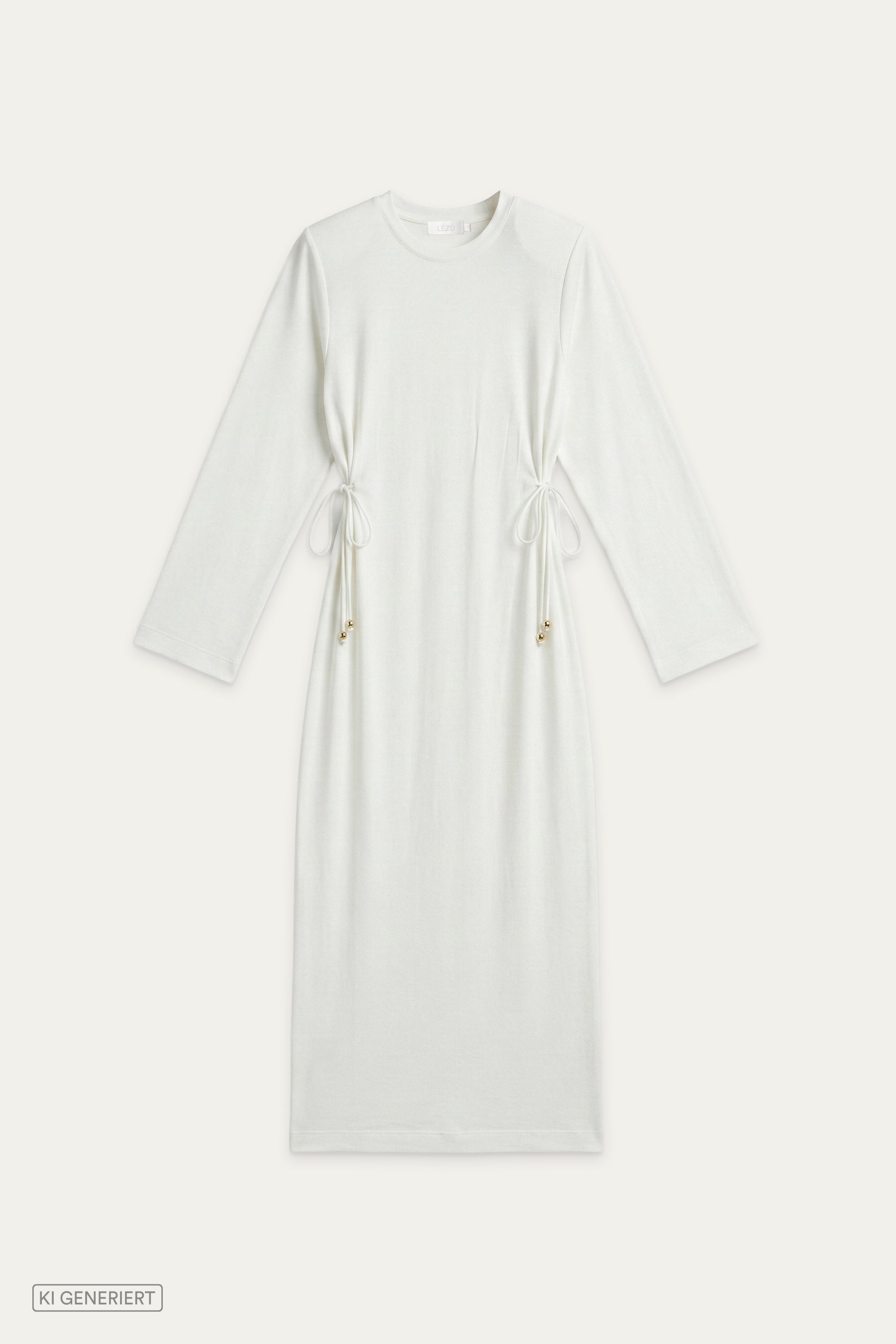 Langes Kleid in Off-White mit Rundhalsausschnitt, langen Ärmeln und seitlichen Bindebändern zur Taillierung.
