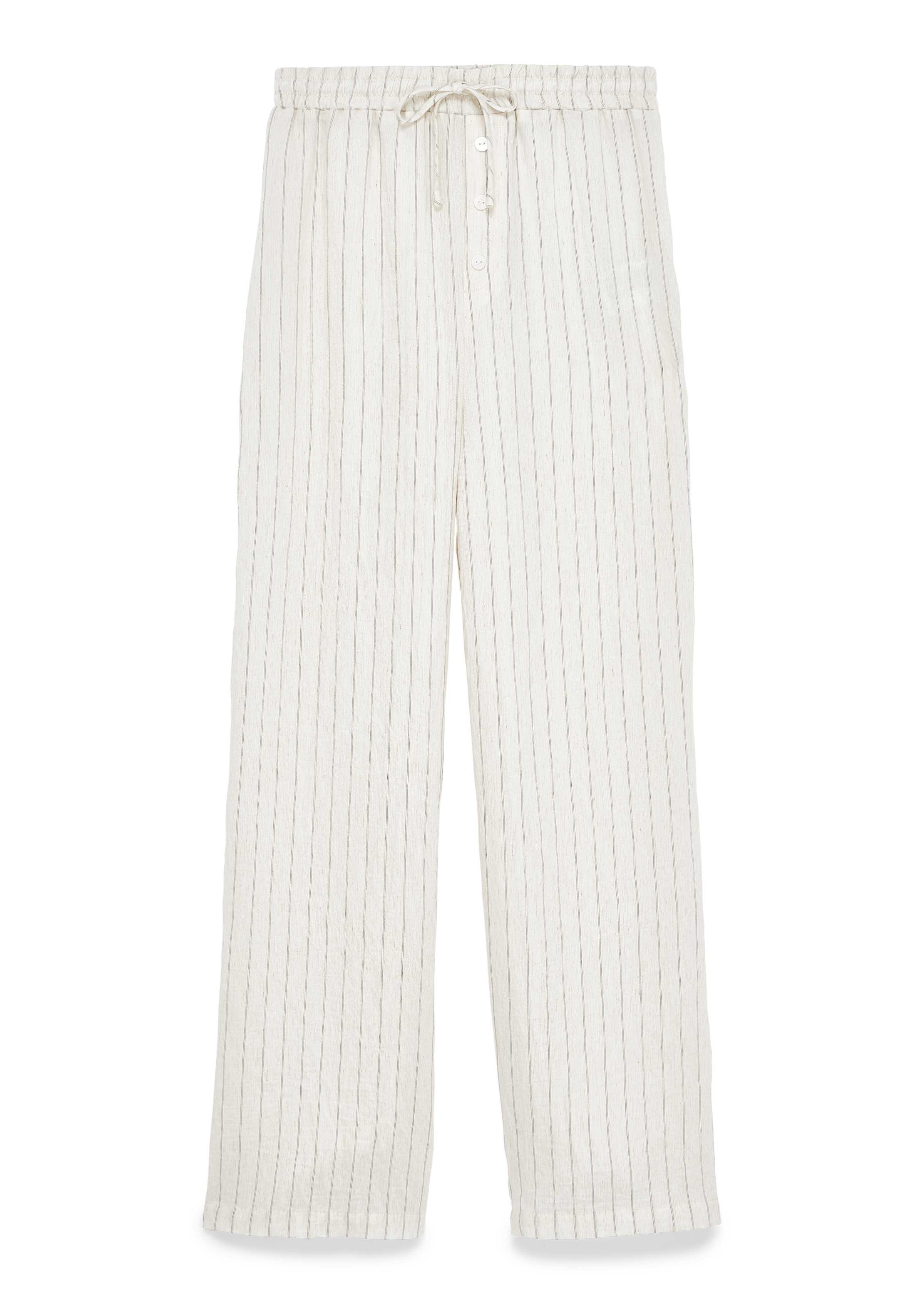 Locker geschnittene Hose mit feinen vertikalen Streifen in Offwhite und Beige. Elastischer Bund mit Tunnelzug und mittiger Zierknopfleiste mit weißen Knöpfen. Gerades Bein.