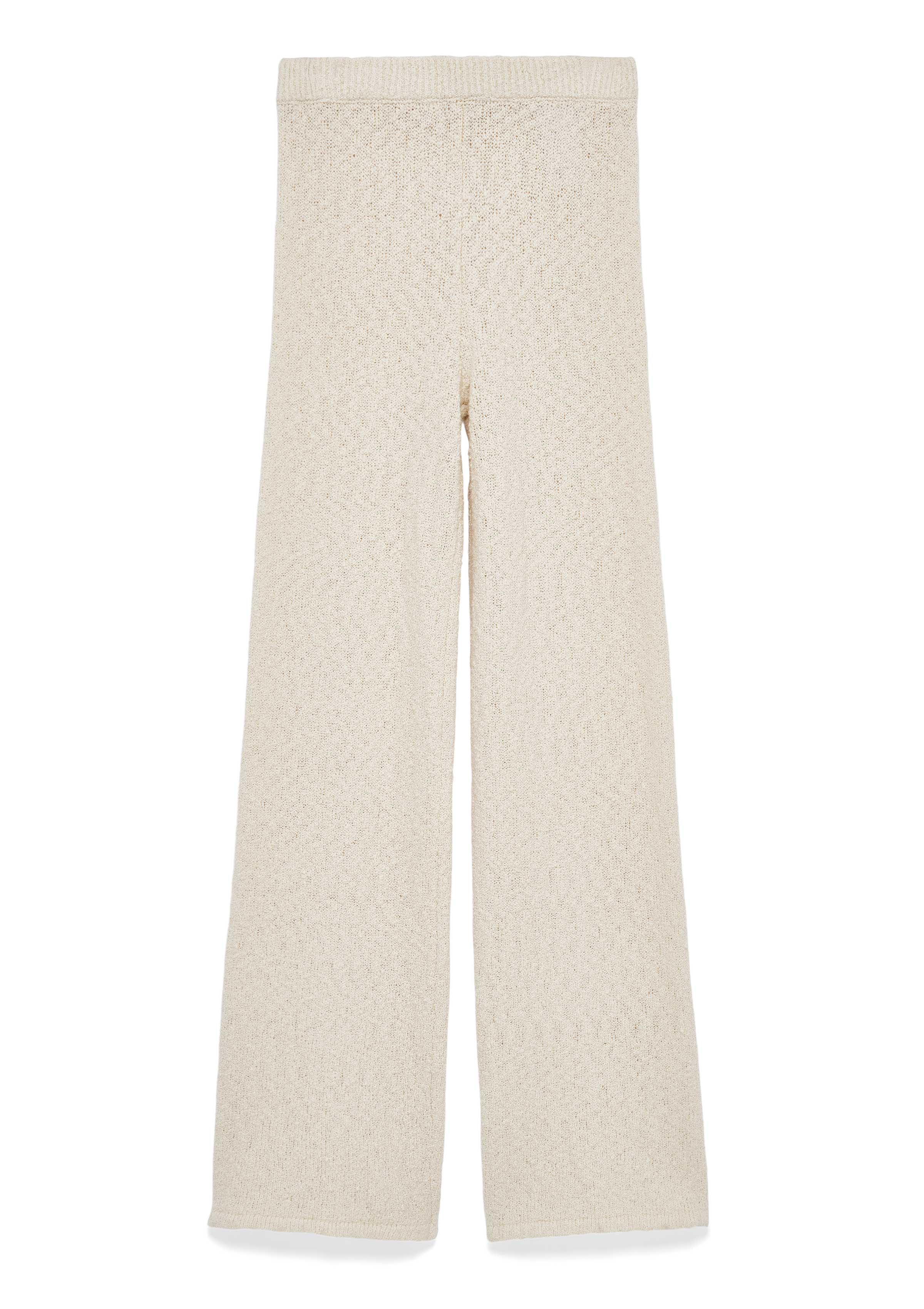Beigefarbene Strickhose mit geradem Bein und breitem Rippenbund. Lockerer, bequemer Schnitt mit feiner Struktur im Strickmuster.