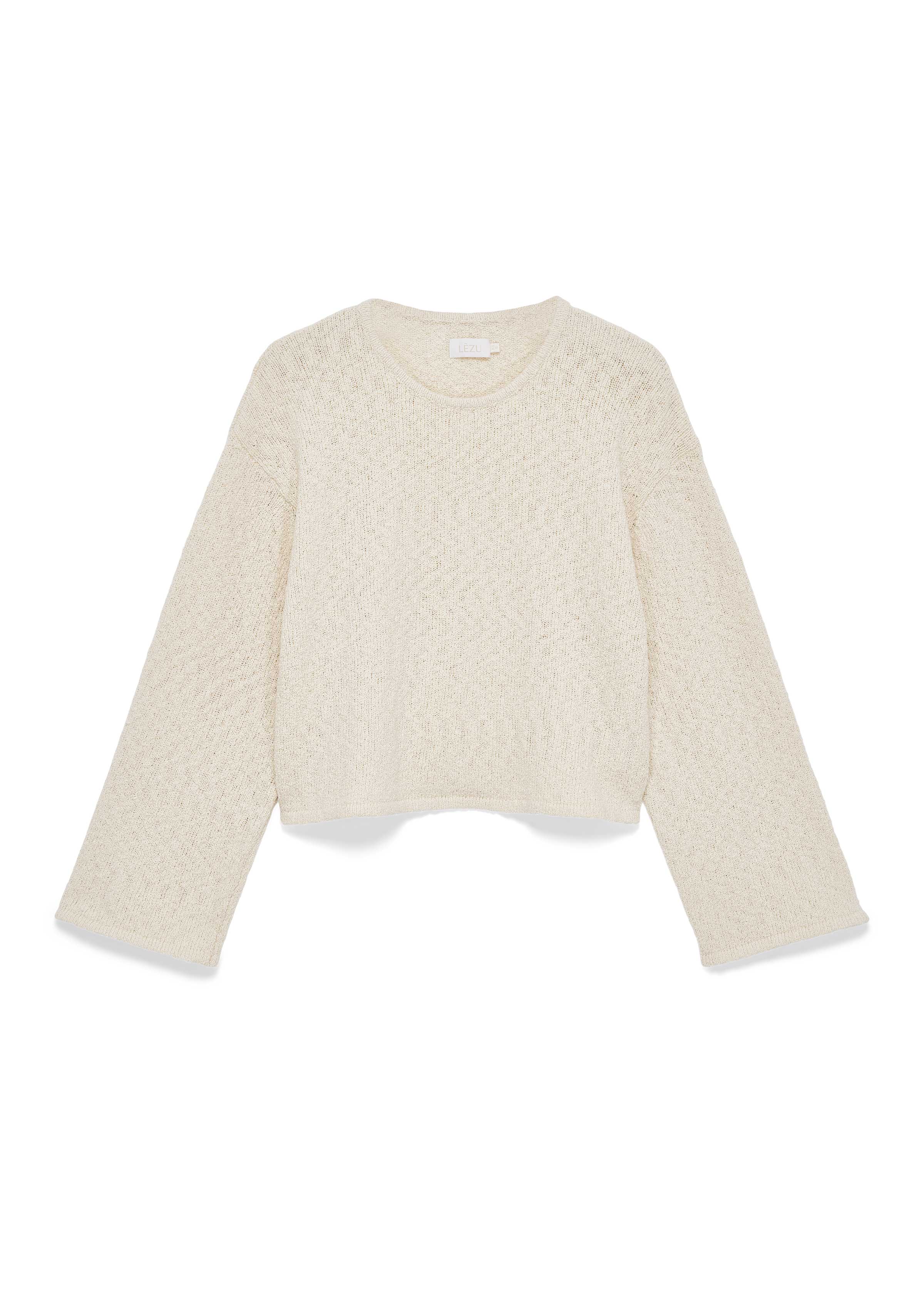 Langärmeliger, beigefarbener Strickpullover mit Rundhalsausschnitt. Lockerer, leicht verkürzter Schnitt mit breiten Ärmeln und strukturierter Oberfläche.