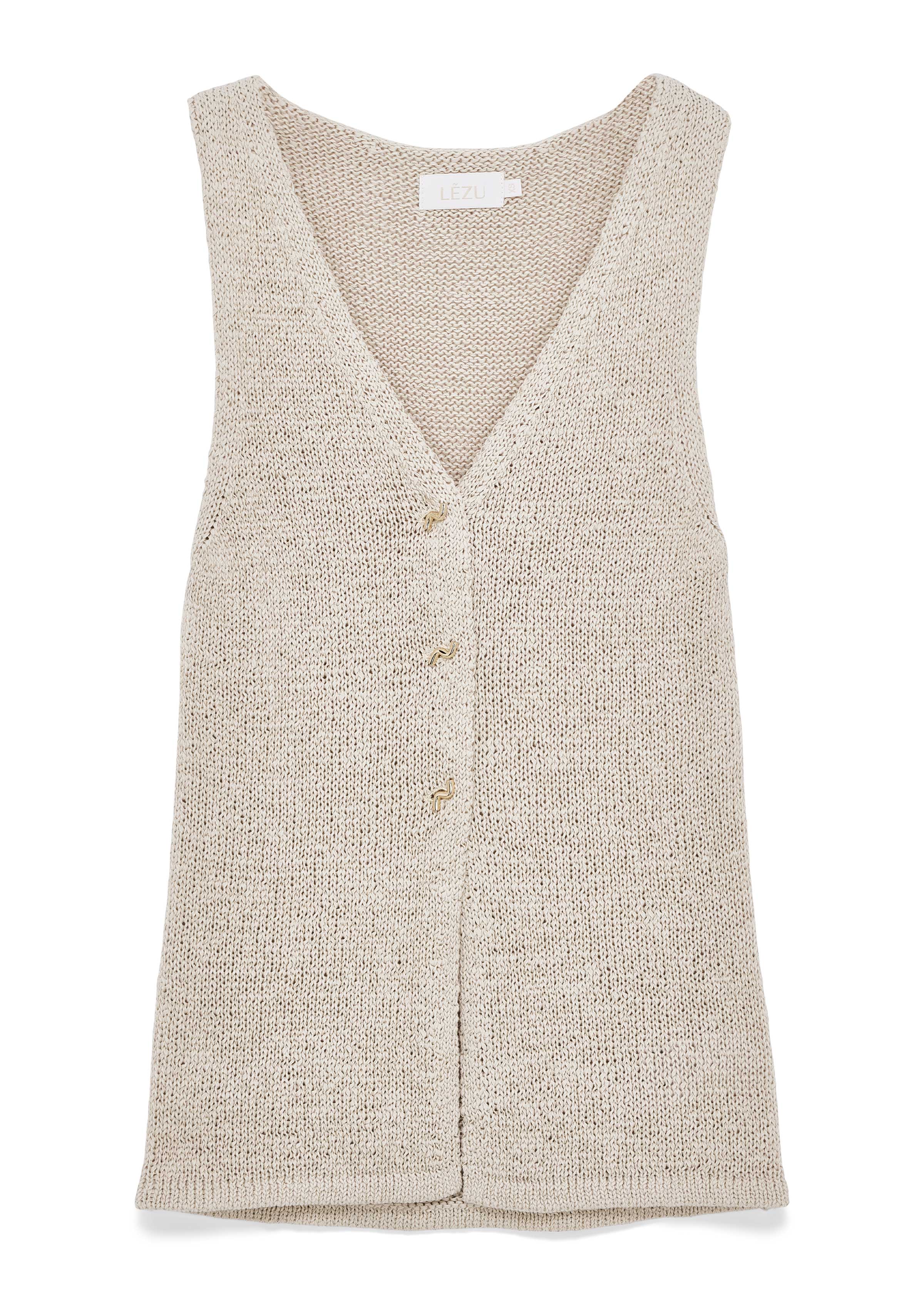 Locker gestrickte Weste in Beige mit V-Ausschnitt und Knopfleiste vorn. Gerade geschnittene Silhouette mit breiten Trägern.