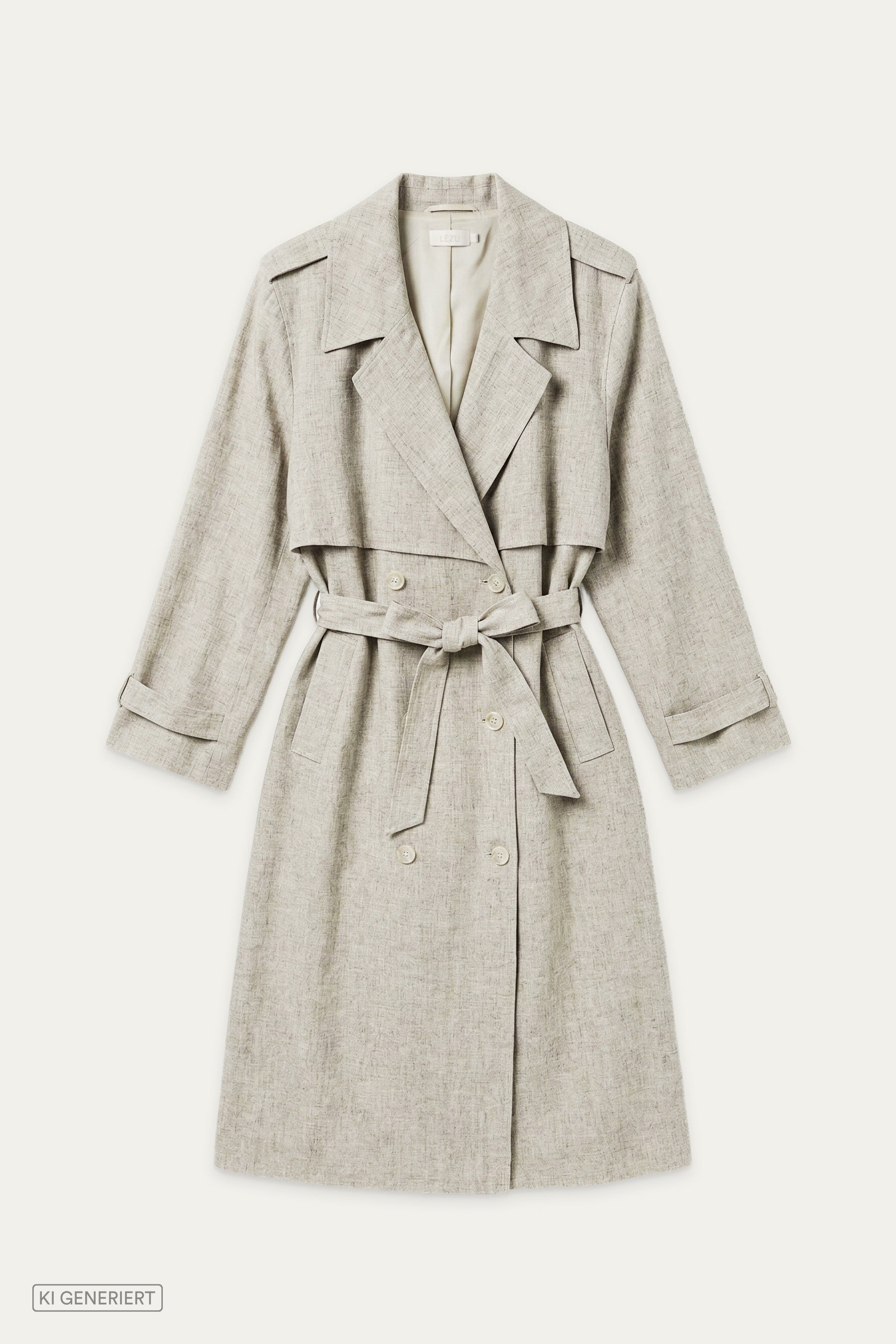 Langer Trenchcoat in Beige Melange mit Reverskragen, doppelreihiger Knopfleiste und Bindegürtel auf Taillenhöhe.