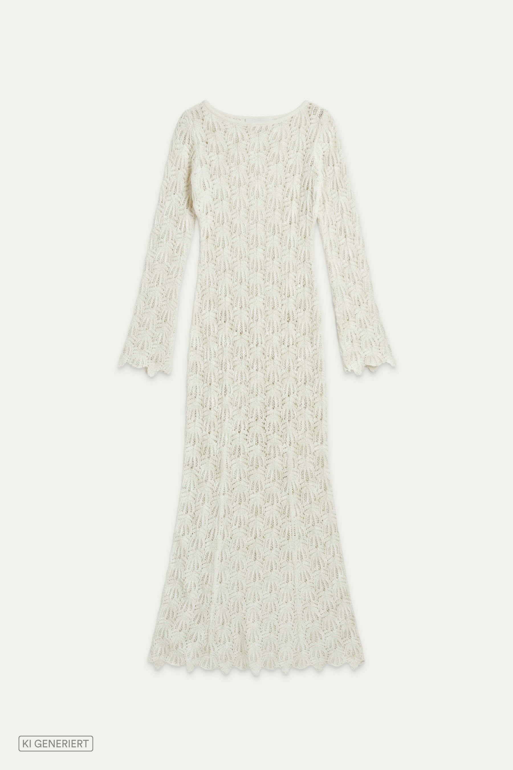 Weißes langes Strickkleid mit Lochmuster und leicht ausgestelltem Saum, flach liegend