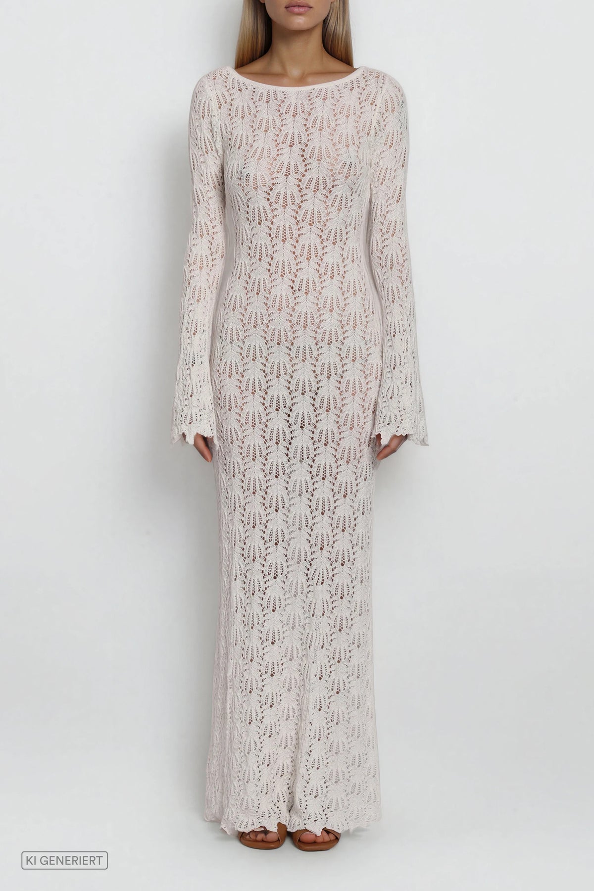 Weißes Maxikleid aus transparentem Strick mit Lochmuster, schmal geschnitten, lange Ärmel, frontale Ansicht