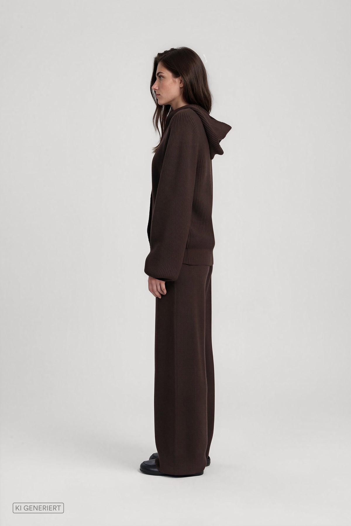 Seitenansicht eines Models in einem dunkelbraunen Strickset aus gerippter Strickjacke mit Kapuze und weit geschnittener Strickhose.