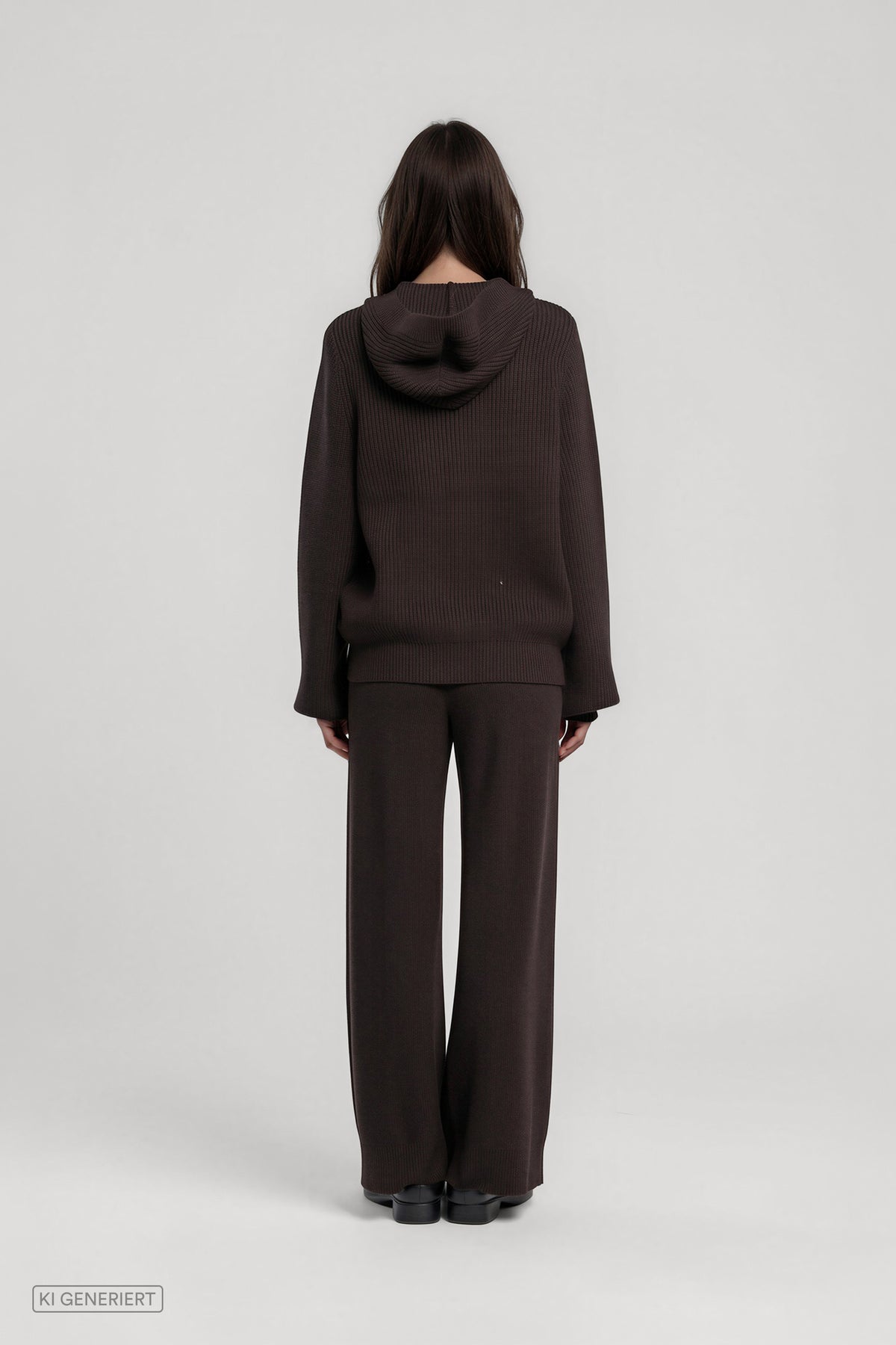 Rückansicht eines Models in einem dunkelbraunen Strickset aus gerippter Strickjacke mit Kapuze und weit geschnittener Strickhose.