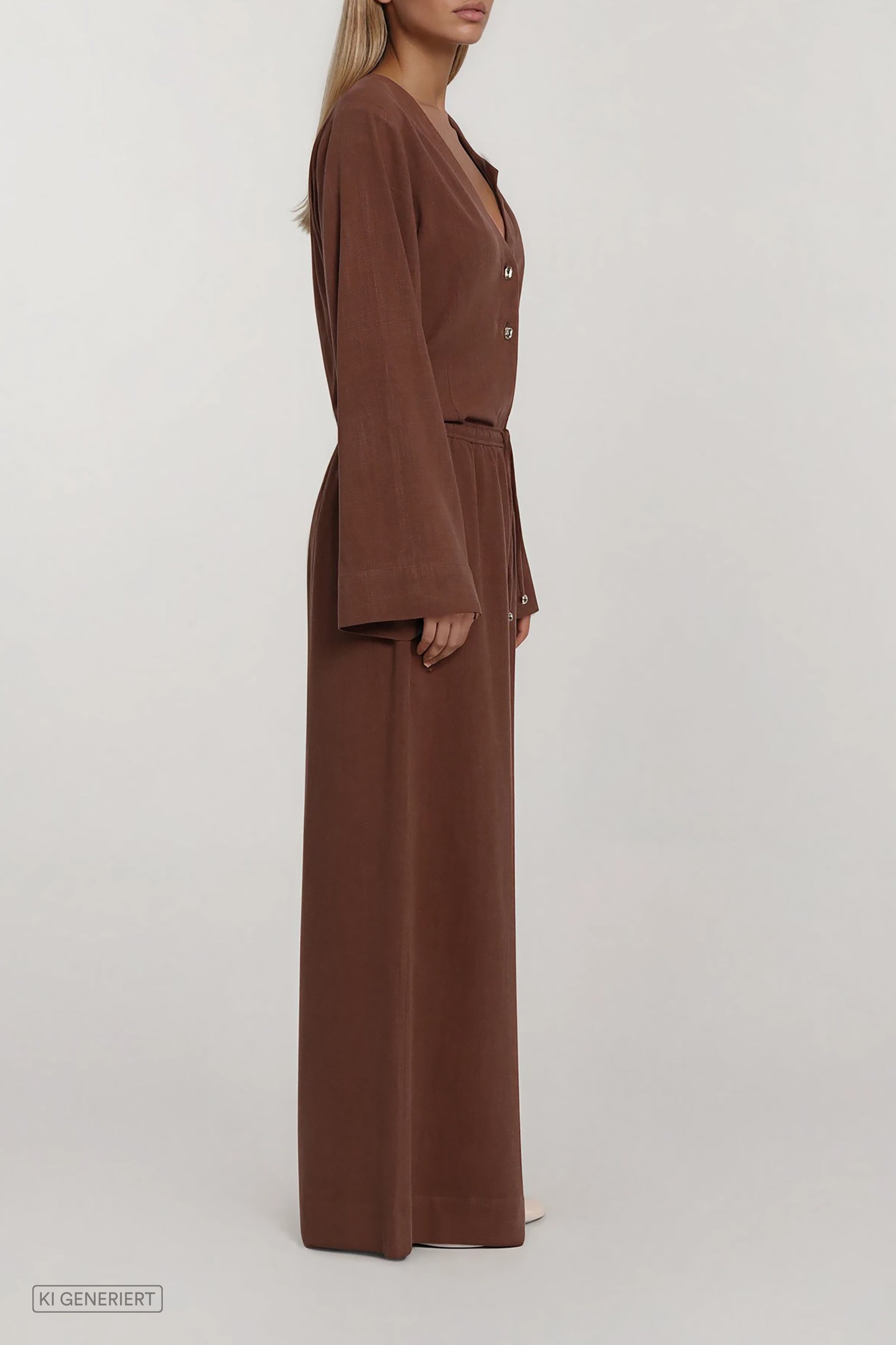 Braunes Set aus Bluse und weiter Hose in Seitenansicht mit fließender Silhouette