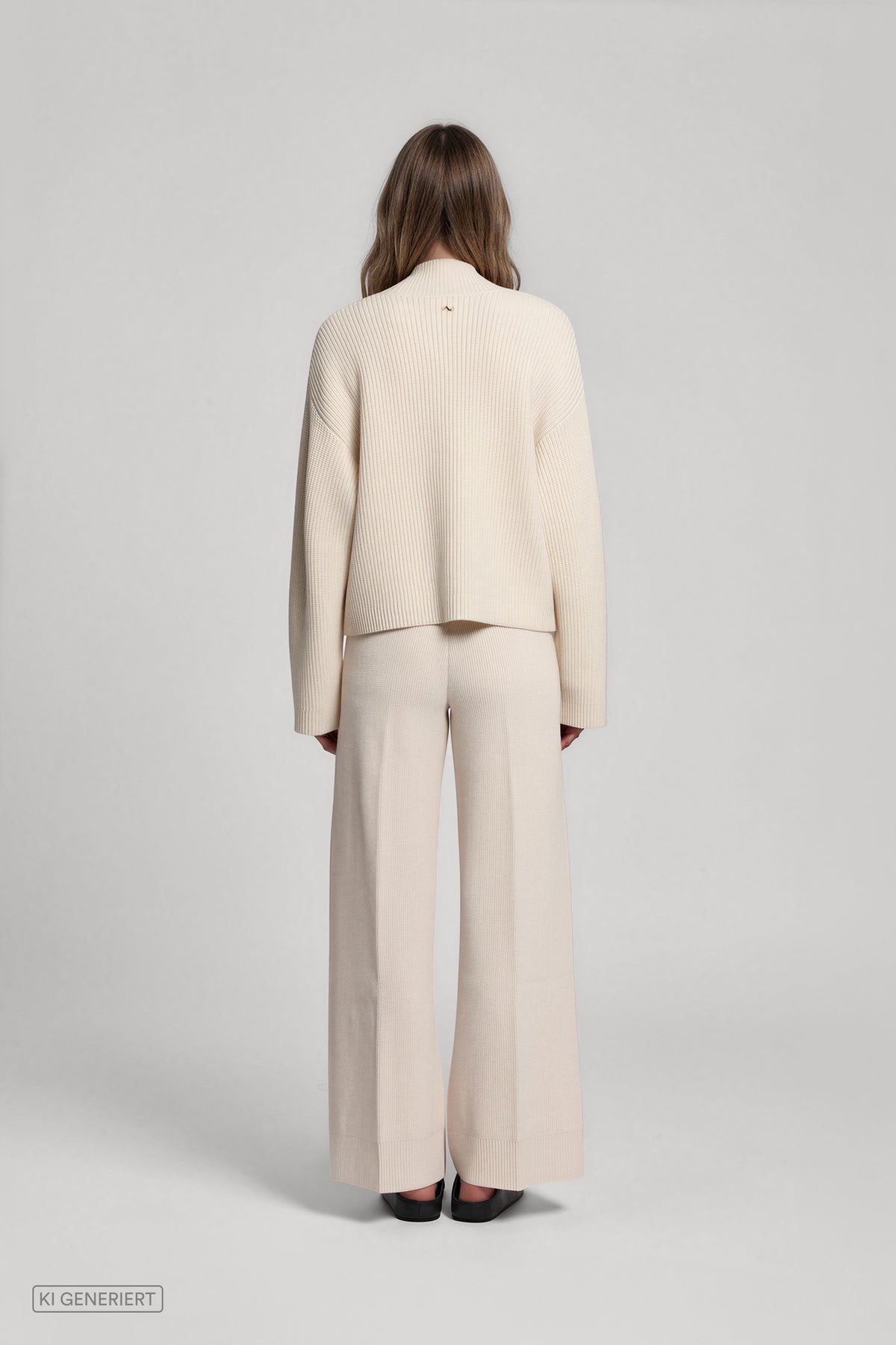 Rückansicht eines Models in einem cremefarbenen Strickset aus geripptem Pullover mit Stehkragen und weit geschnittener Strickhose.