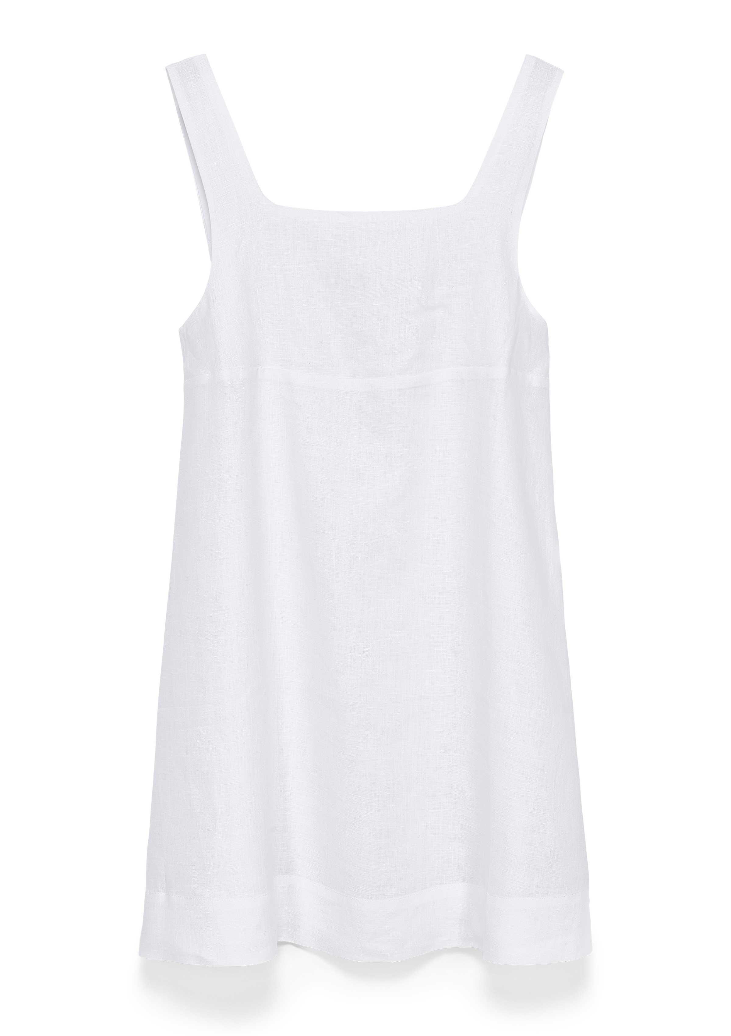 Weißes Leinenkleid mit breiten Trägern und eckigem Ausschnitt. Lockerer A-Linien-Schnitt mit angesetztem Saum und feiner Struktur im Stoff.