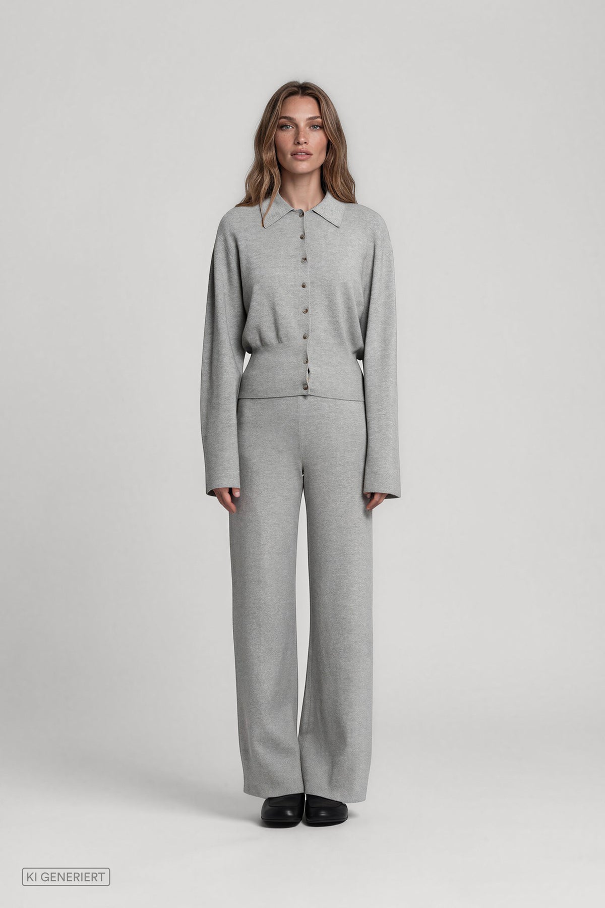 Vorderansicht eines Models in einem hellgrau melierten Strickset aus langärmeliger Strickjacke mit Kragen und Knopfleiste sowie weit geschnittener Hose.
