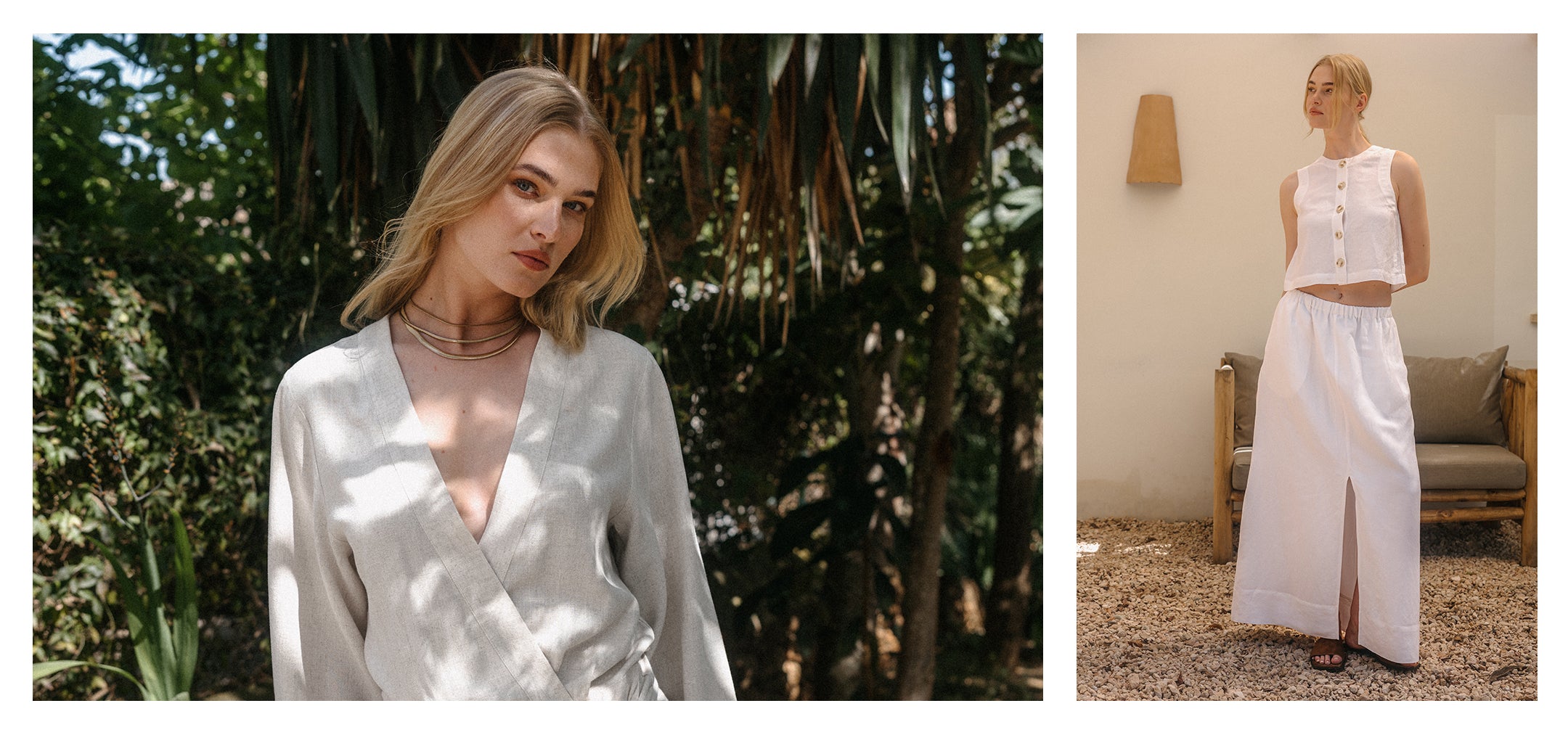 Blonde Frau in hellem Wickelkleid im Garten neben Frau in weißem Maxirock und Crop-Top vor mediterraner Kulisse.