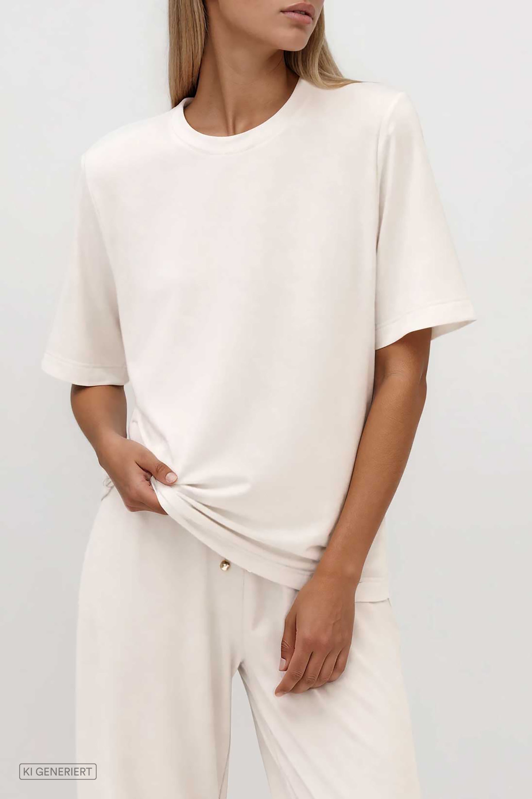 Cremefarbenes T-Shirt mit Rundhalsausschnitt und kurzen Ärmeln, locker geschnitten, kombiniert mit weiter Hose, Seitenansicht