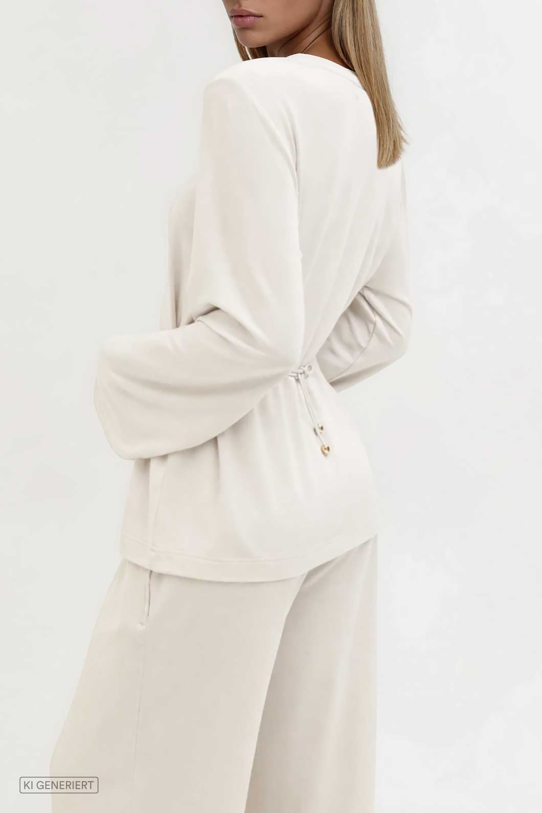 Cremefarbenes Longsleeve mit weitem Ärmel und seitlicher Raffung am Rücken, lockere Passform, Rückansicht