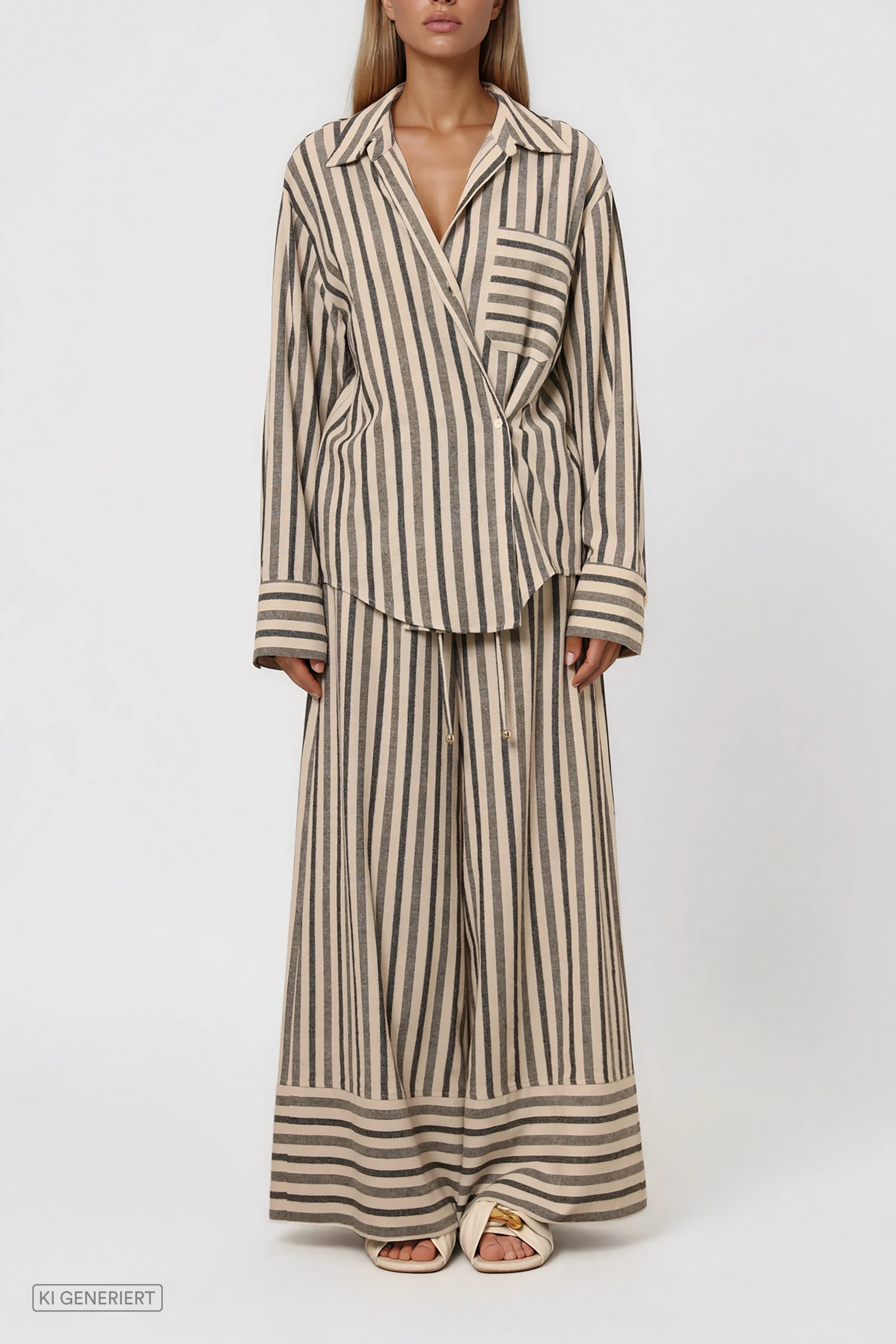 Model trägt eine gestreifte Bluse mit asymmetrischer Knopfleiste und Brusttasche, kombiniert mit einer weit geschnittenen Hose im passenden Streifenmuster.