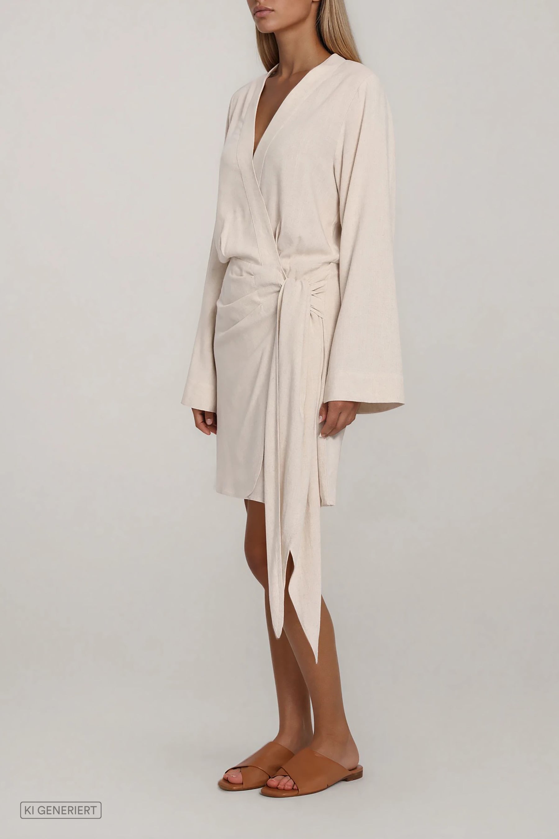 Beiges Wickelkleid mit langen Ärmeln und Bindegürtel, seitliche Ansicht am Model