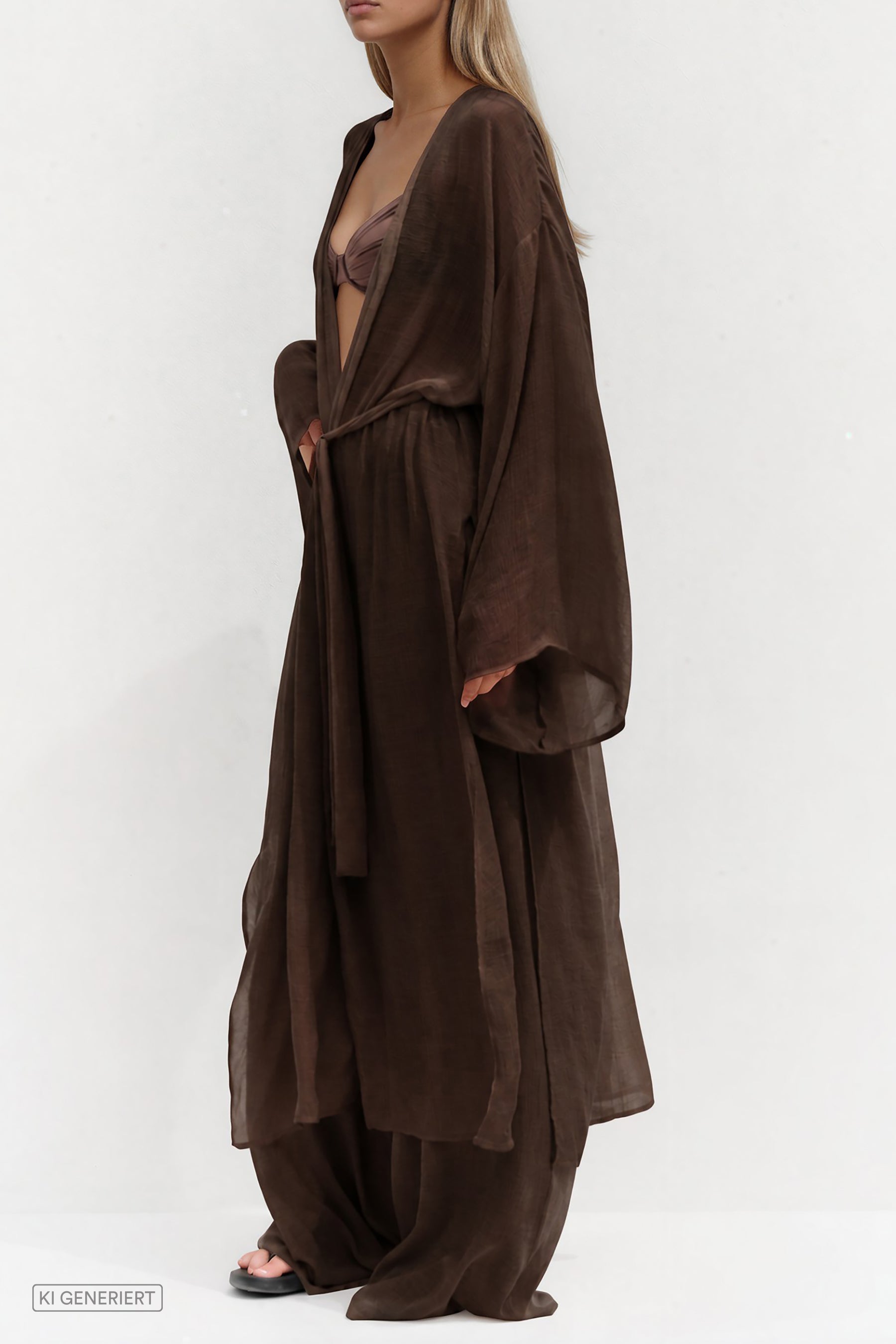 Model trägt einen transparenten dunkelbraunen Kimono mit weitem Schnitt und Bindegürtel über einem braunen Bikini-Top und fließender Hose in passender Farbe.