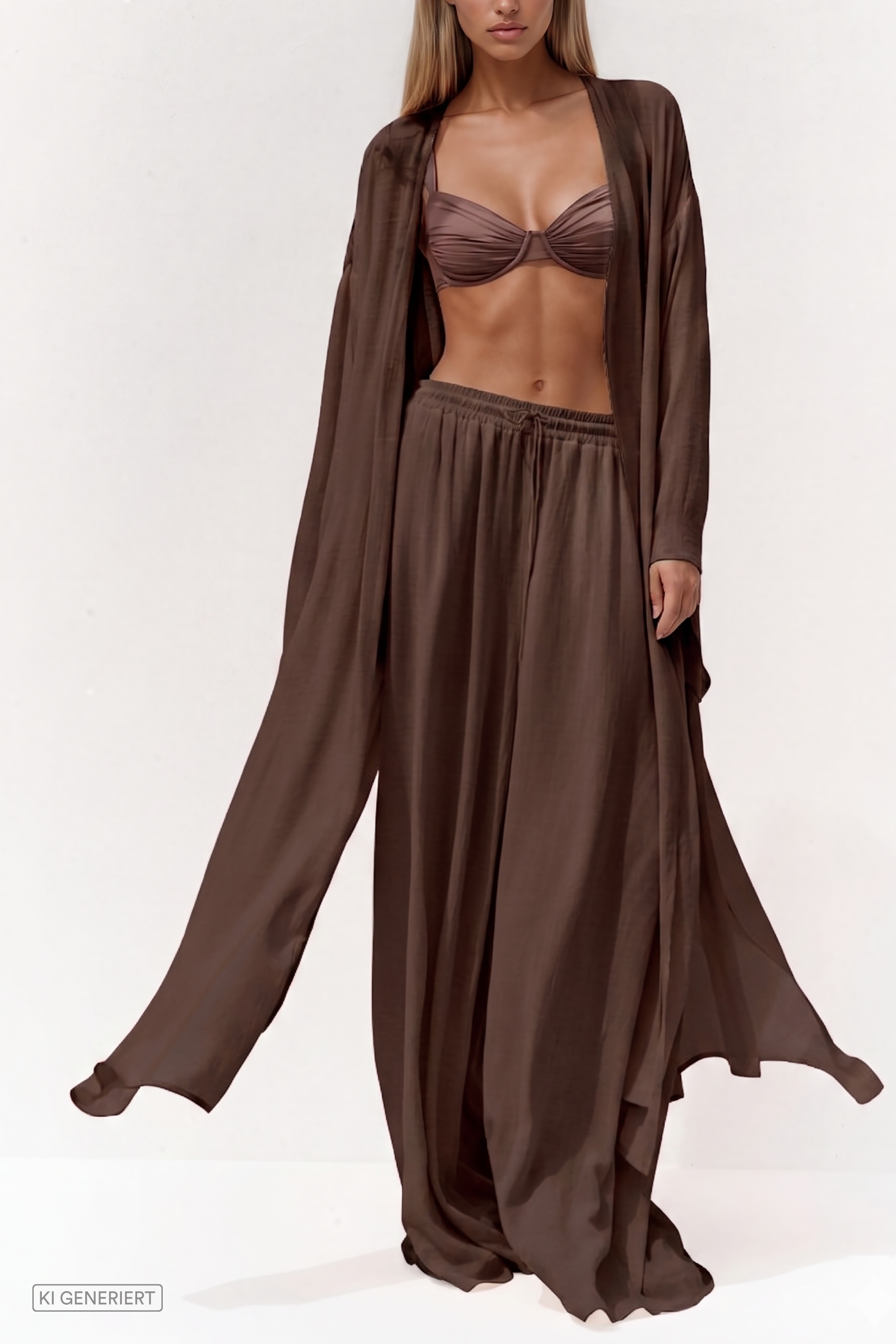 Model trägt einen transparenten dunkelbraunen Kimono mit weitem Schnitt und Bindegürtel über einem braunen Bikini-Top und fließender Hose in passender Farbe.