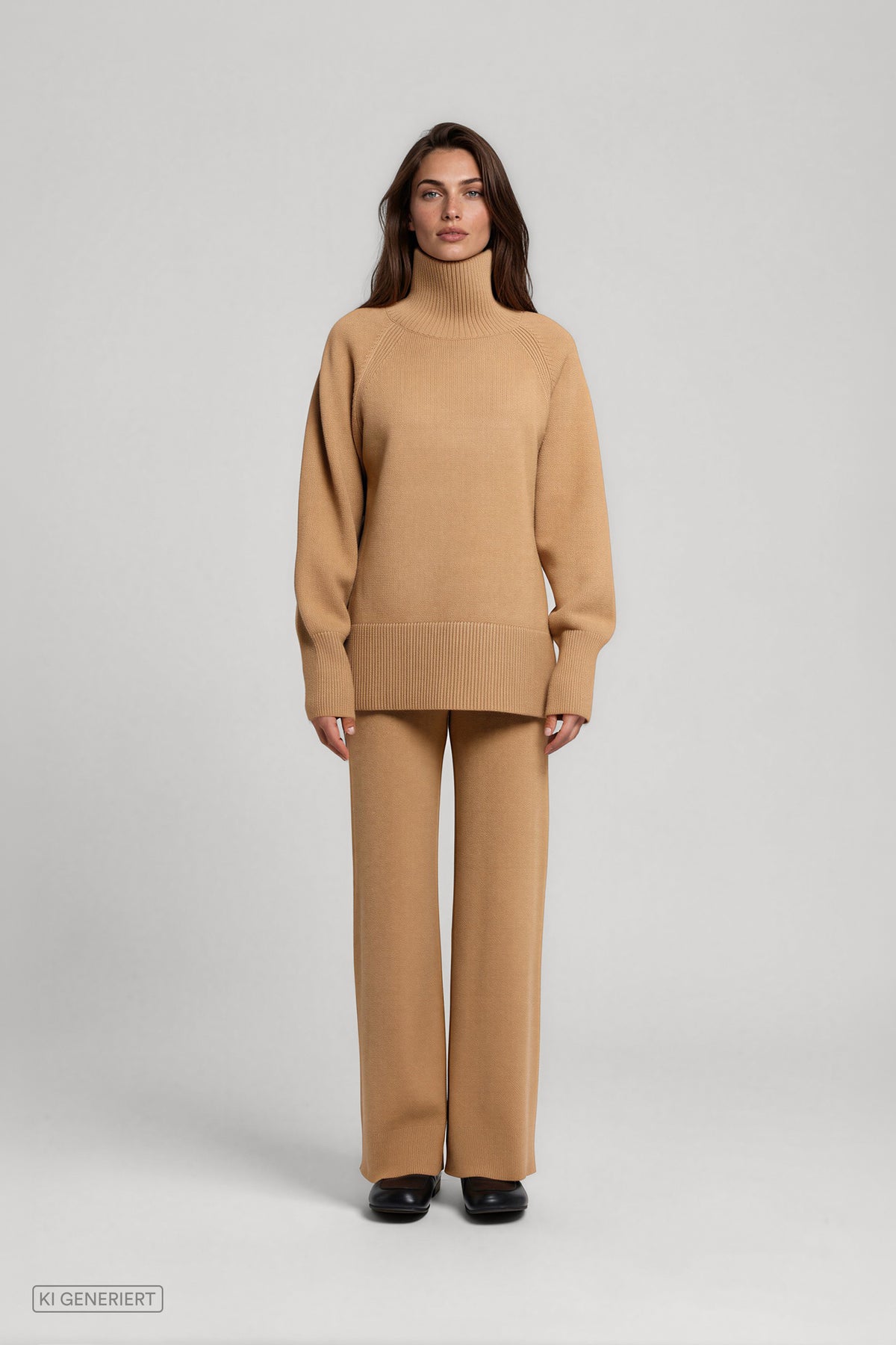 Frontansicht eines Models in einem camelbraunen Strickset aus Rollkragenpullover mit breitem Rippbündchen und weit geschnittener Strickhose.