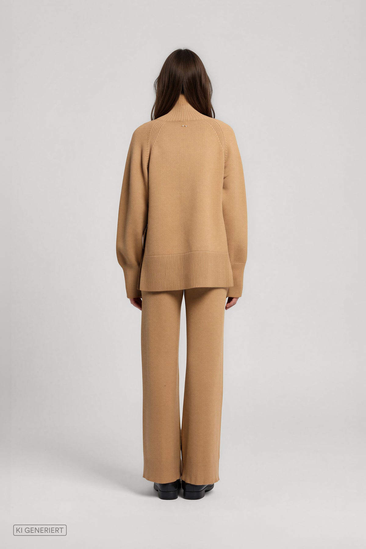 Rückansicht eines Models in einem camelbraunen Strickset aus Rollkragenpullover mit breitem Rippbündchen und weit geschnittener Strickhose.