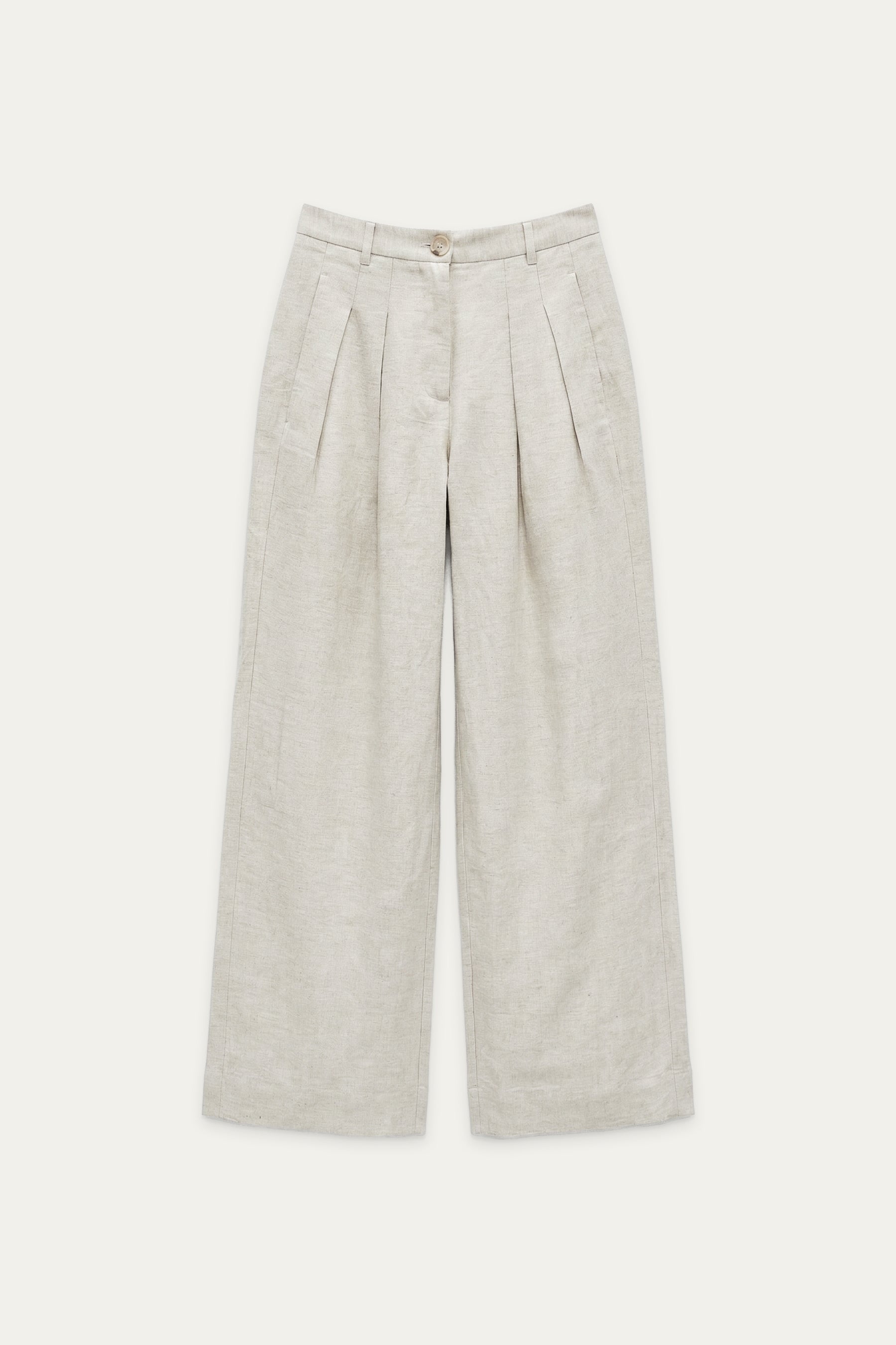 Beige weite Hose aus Leinen mit hoher Taille, Bund mit Knopfverschluss, Bundfalten und geradem Beinverlauf
