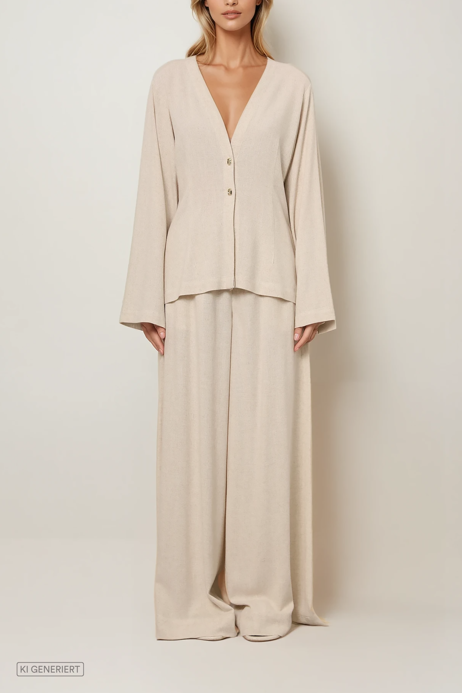 Beige Bluse mit V-Ausschnitt und Knopfleiste, locker geschnitten mit langen Ärmeln, kombiniert mit weiter, fließender Hose im monochromen Look.