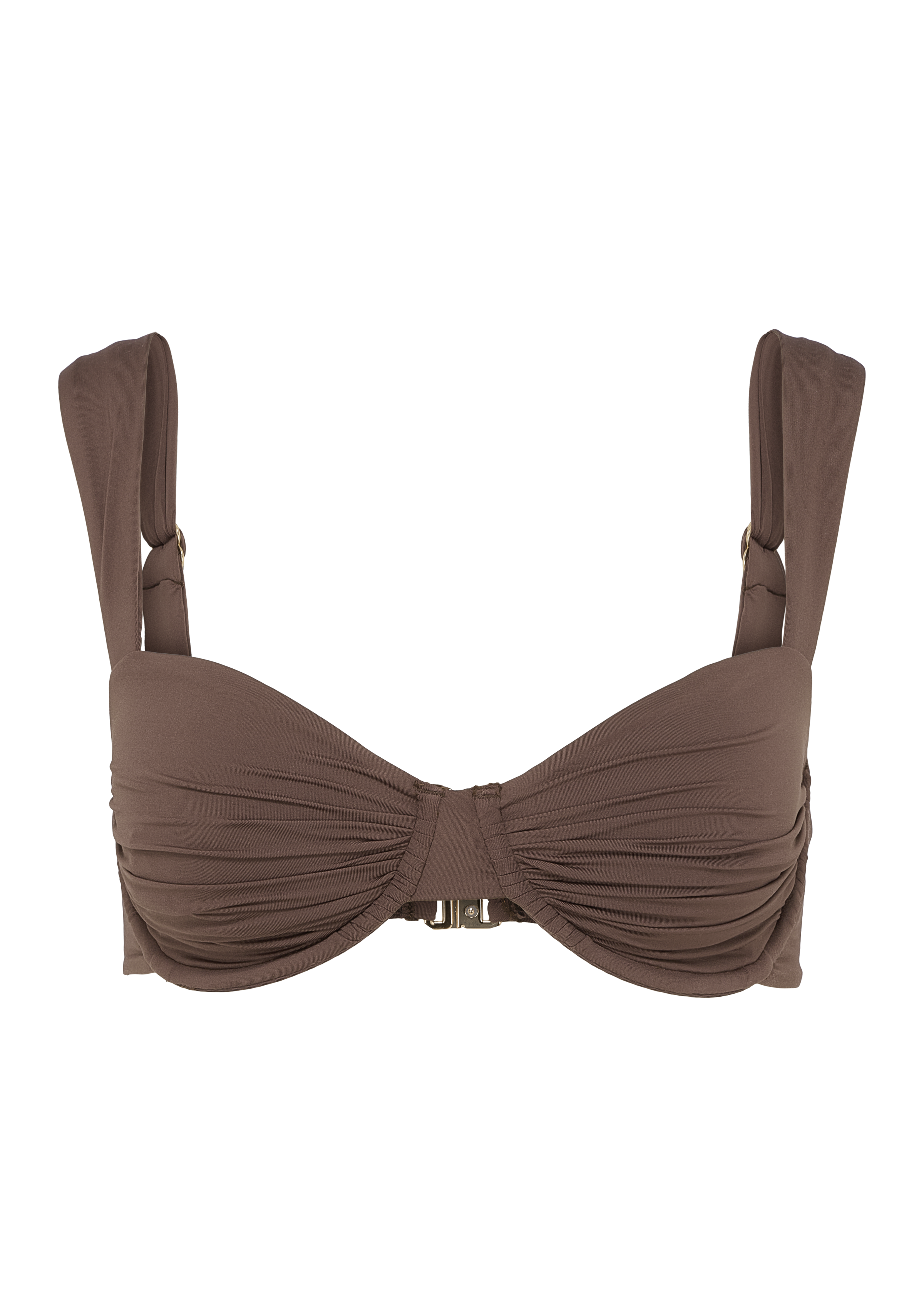 Braunes Bikini-Oberteil mit breiten, verstellbaren Trägern und formenden Raffungen an den Cups. Goldfarbener Clipverschluss hinten.