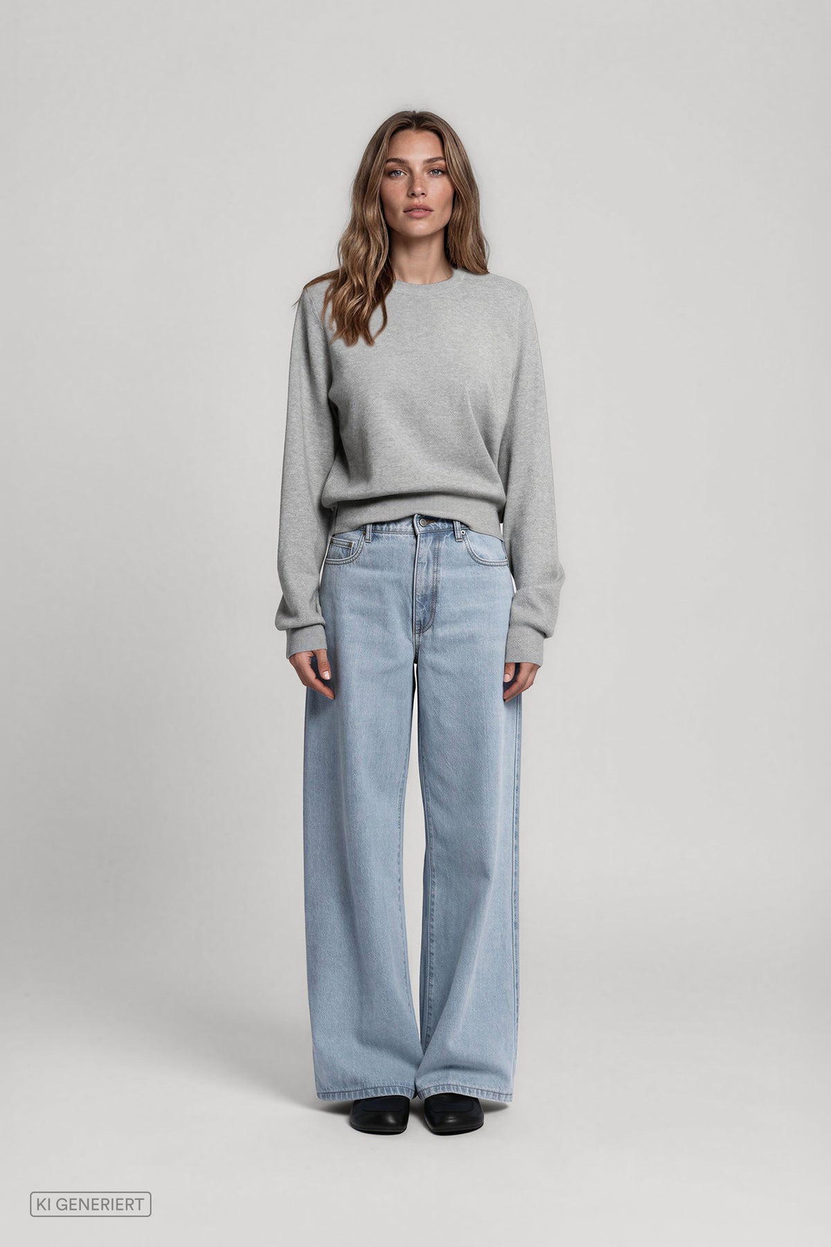 Vorderansicht eines Models in einem hellgrauen Strickpullover mit Rundhalsausschnitt und langen Ärmeln, kombiniert mit einer hellblauen Jeans mit weitem Bein.