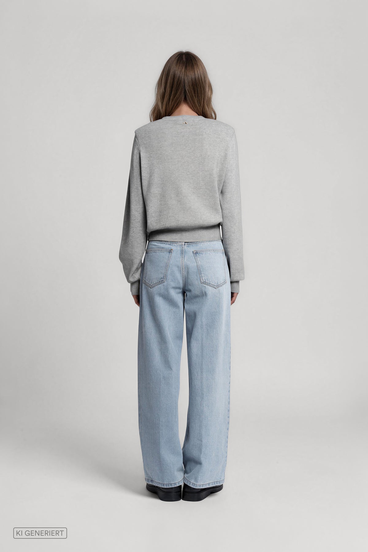 Rückansicht eines Models in einem hellgrauen Strickpullover mit Rundhalsausschnitt und gerippten Abschlüssen, kombiniert mit einer hellblauen Jeans mit weitem Bein.