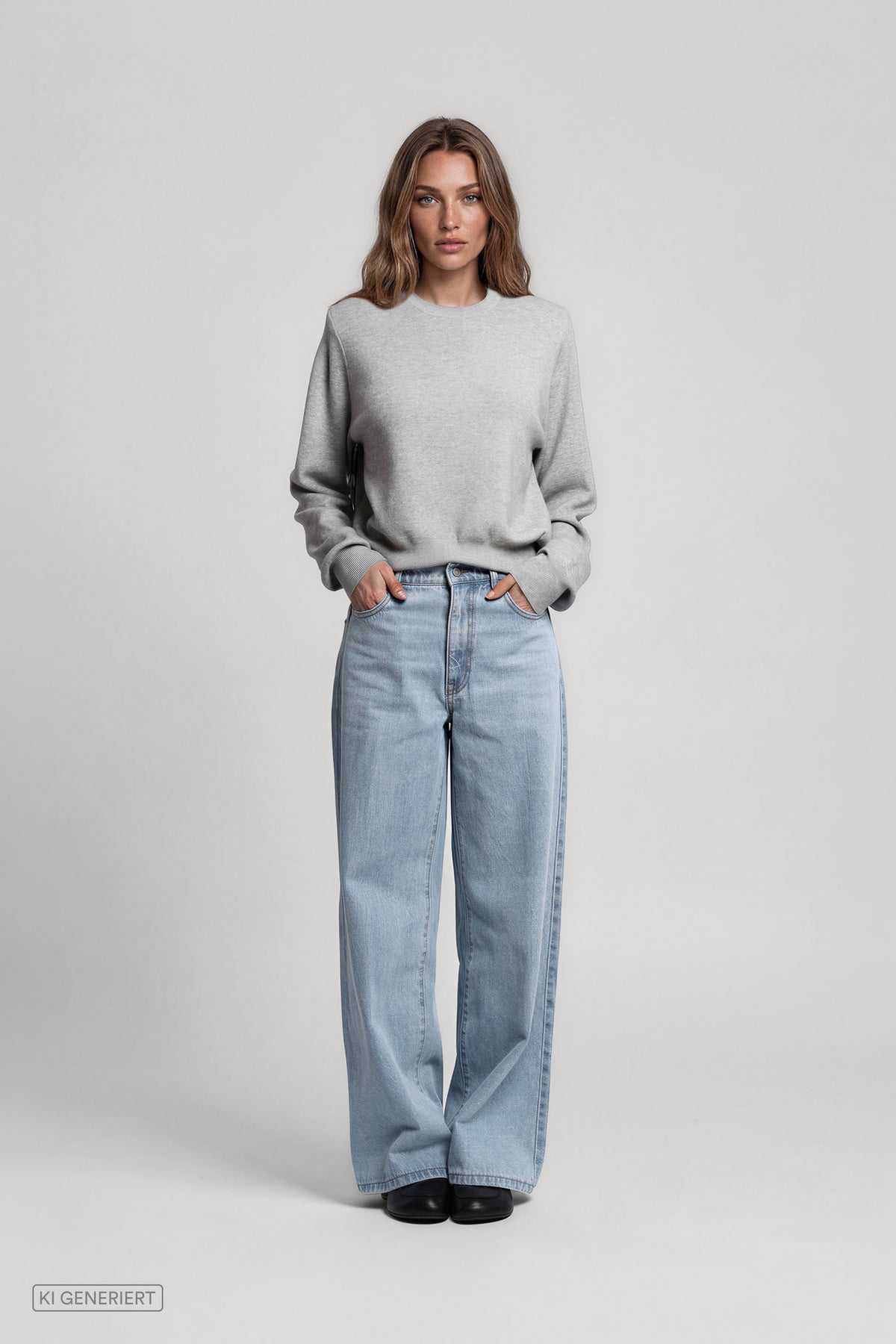 Vorderansicht eines Models in einem hellgrauen Strickpullover mit Rundhalsausschnitt und langen Ärmeln, kombiniert mit einer hellblauen Jeans mit weitem Bein.