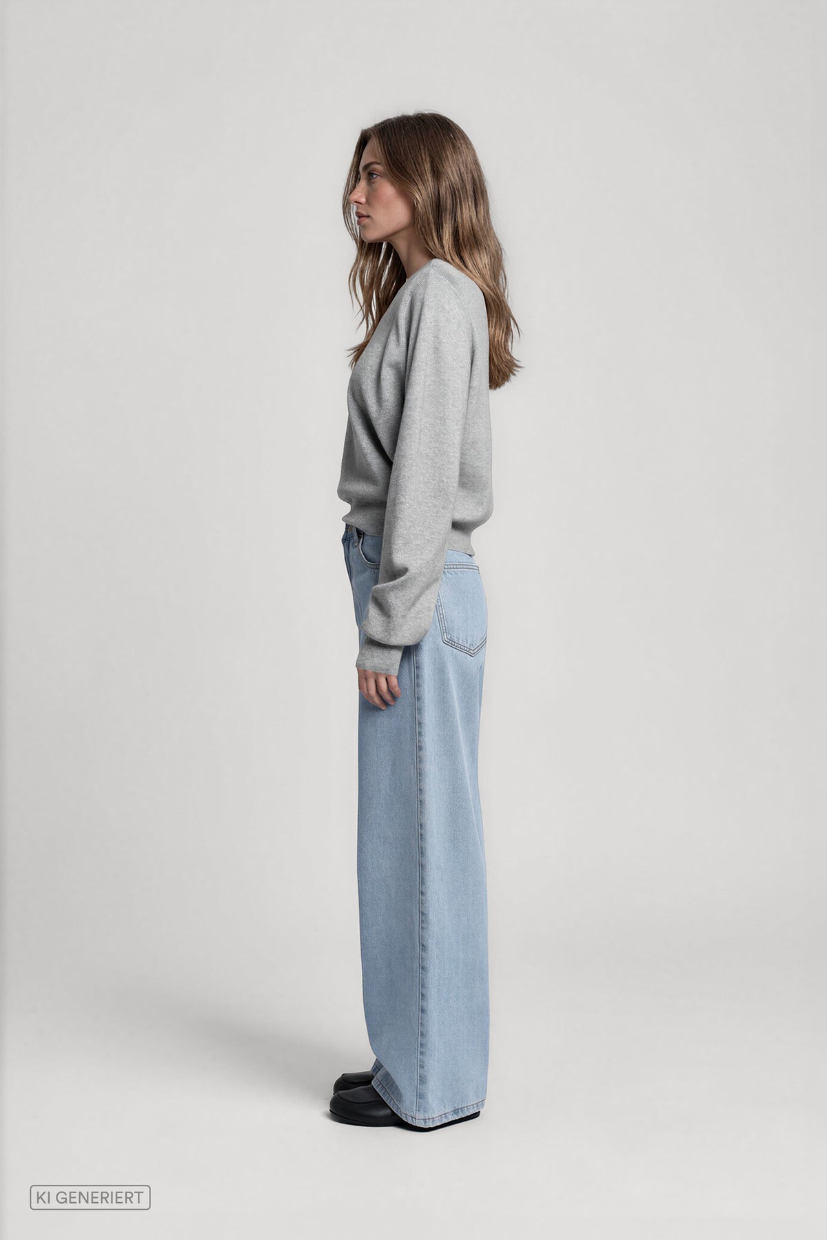 Seitenansicht eines Models in einem hellgrauen Strickpullover mit Rundhalsausschnitt und langen Ärmeln, kombiniert mit einer hellblauen Jeans mit weitem Bein.