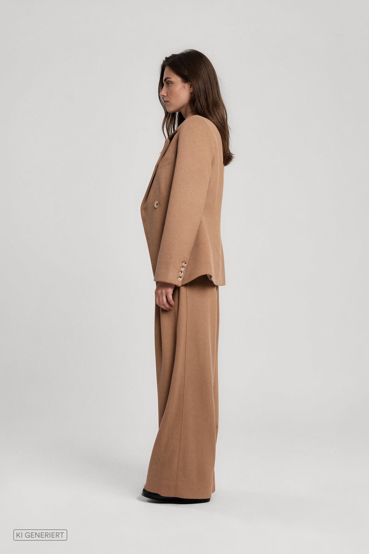 Seitenansicht eines Models in einem camelbraunen Hosenanzug mit tailliertem, doppelreihigem Blazer und weit geschnittener Hose.