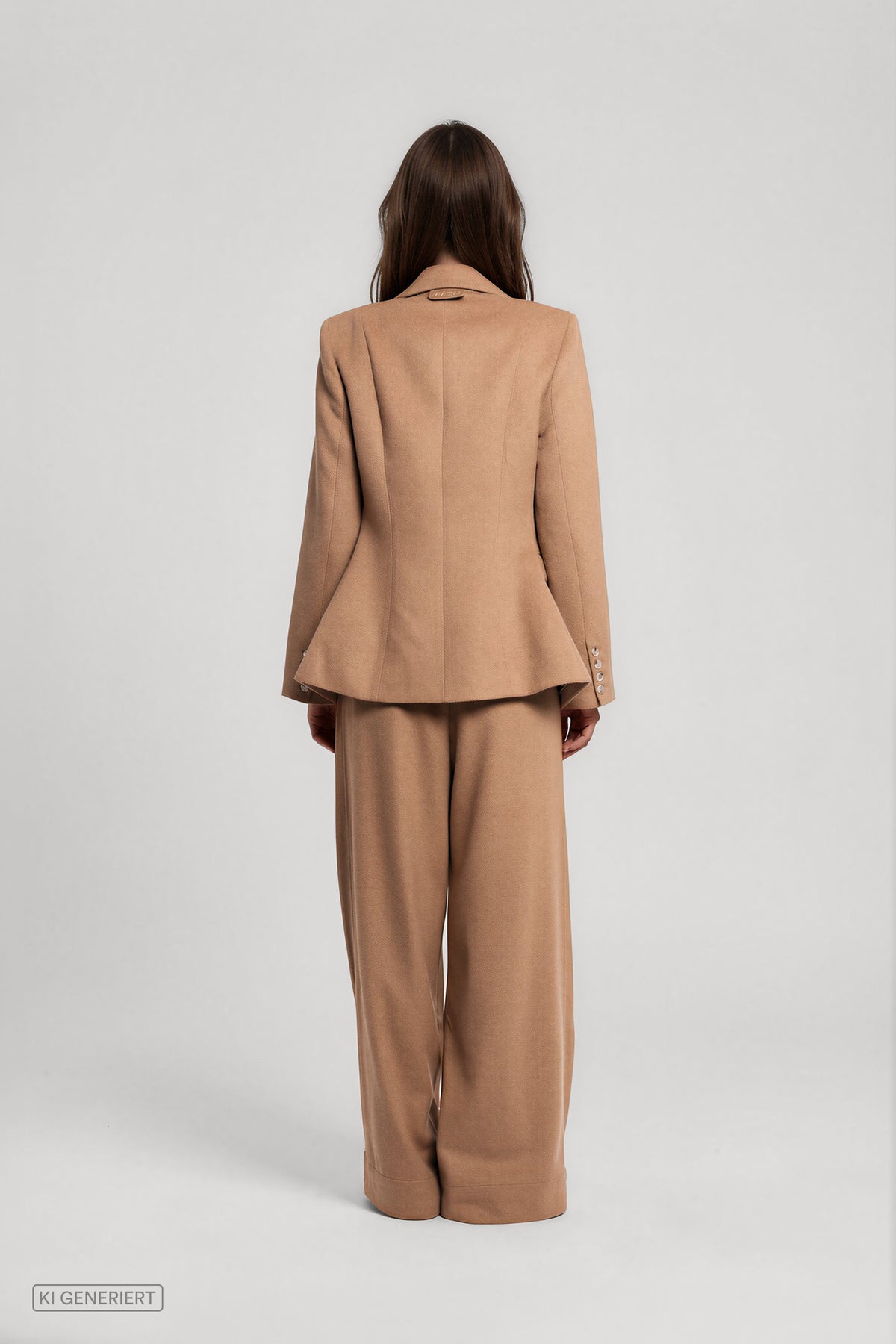 Rückansicht eines Models in einem camelbraunen Hosenanzug mit tailliertem Blazer und weit geschnittener Hose.