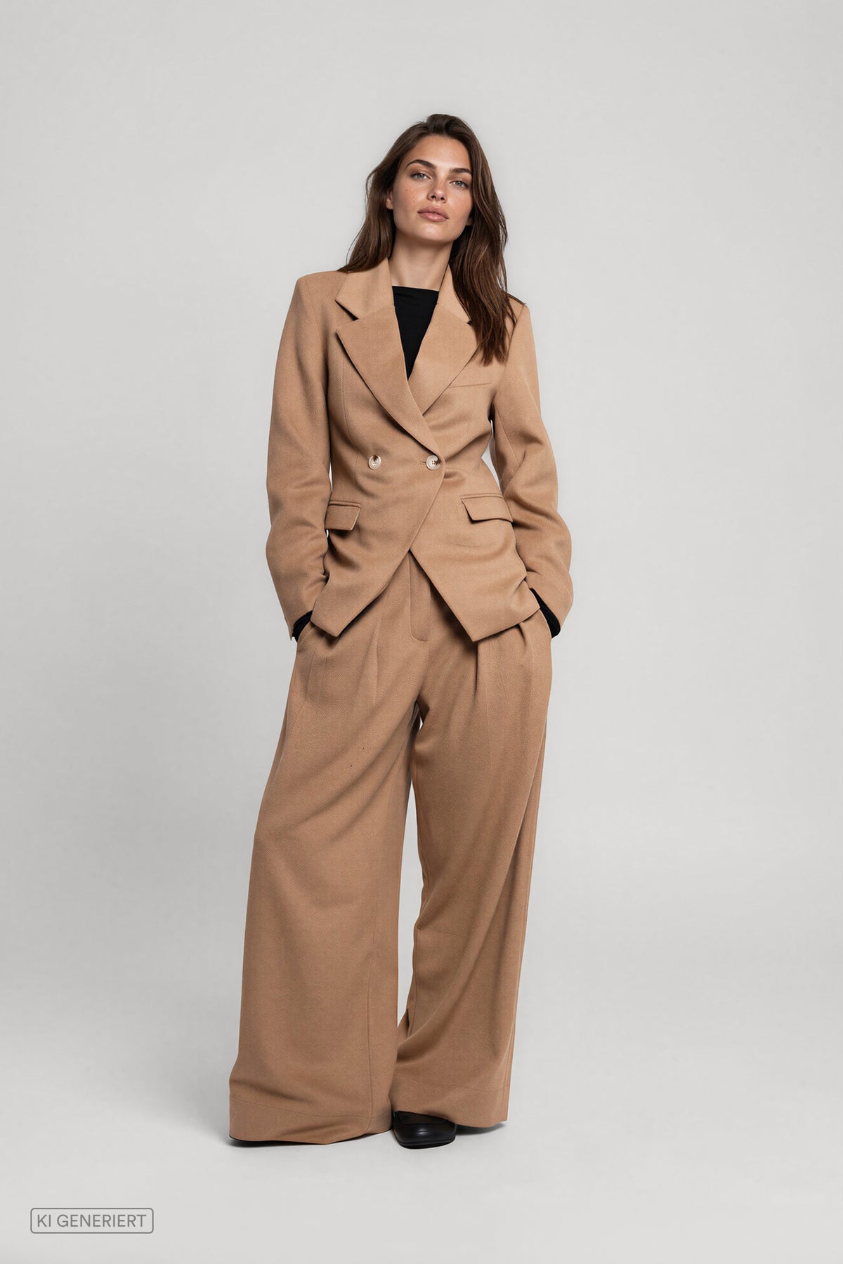 Vorderansicht eines Models in einem camelbraunen Hosenanzug mit tailliertem, doppelreihigem Blazer und weit geschnittener Bundfaltenhose, kombiniert mit einem schwarzen Oberteil.