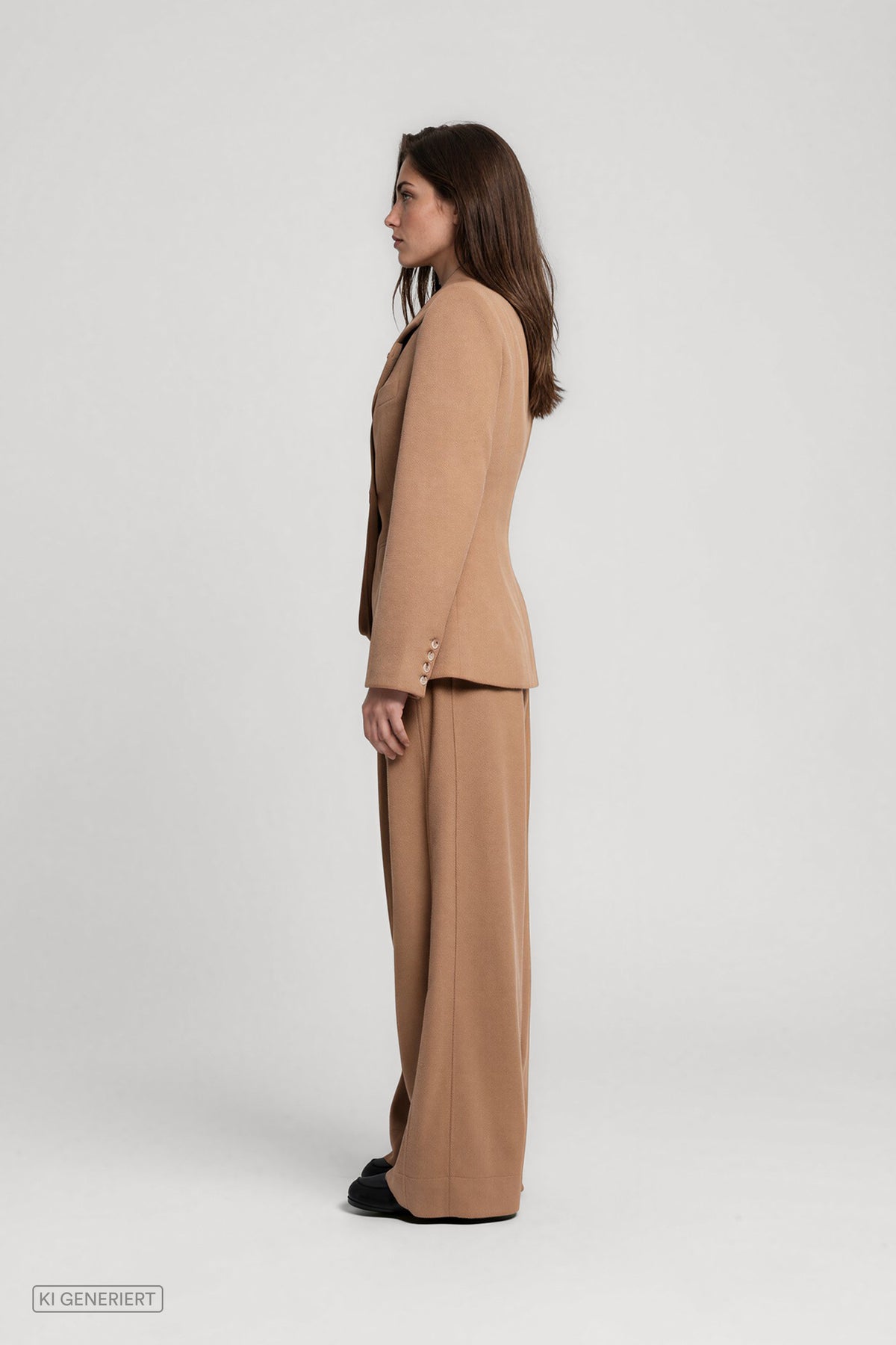 Seitenansicht eines Models in einem camelbraunen Hosenanzug mit tailliertem, doppelreihigem Blazer und weit geschnittener Hose.