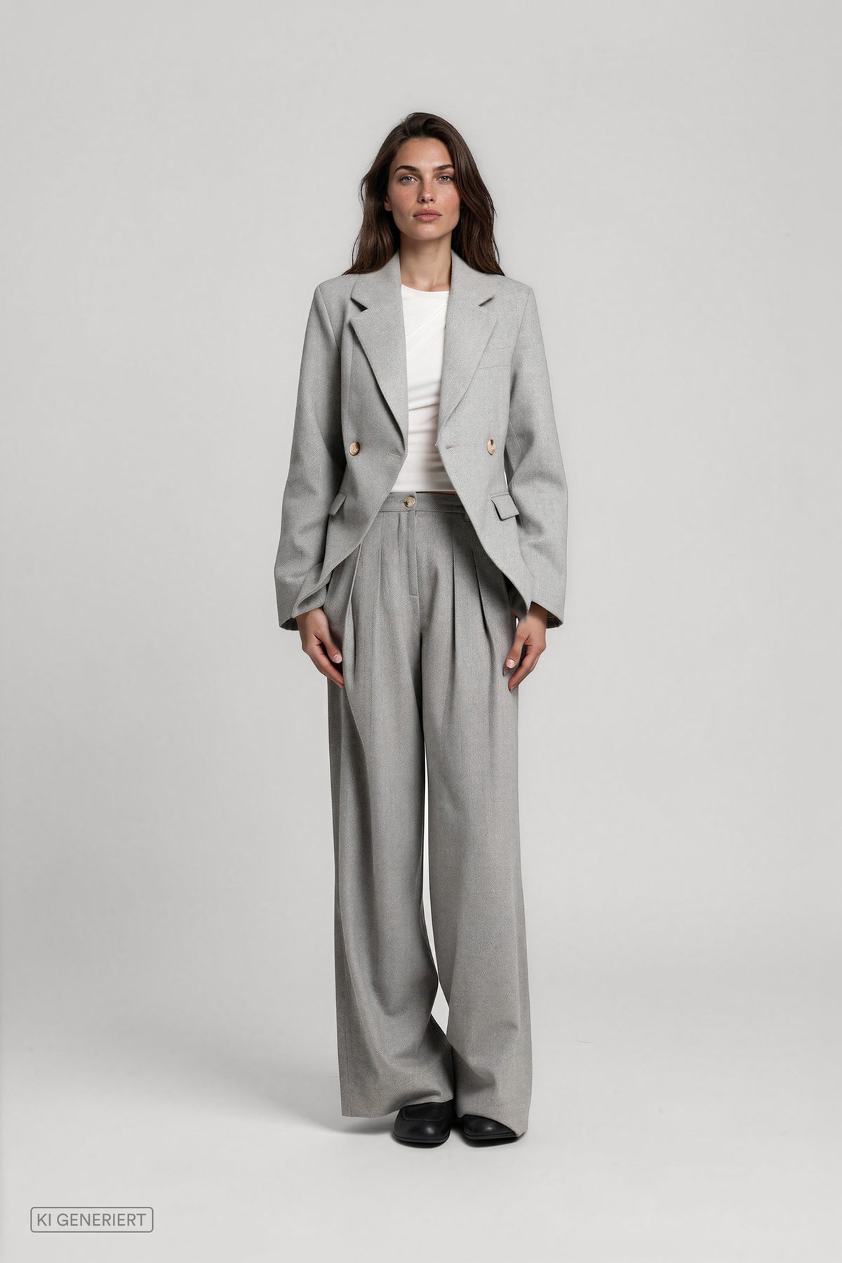 Vorderansicht eines Models in einem hellgrauen Hosenanzug mit doppelreihigem Blazer und weit geschnittener Bundfaltenhose, kombiniert mit einem weißen Oberteil.