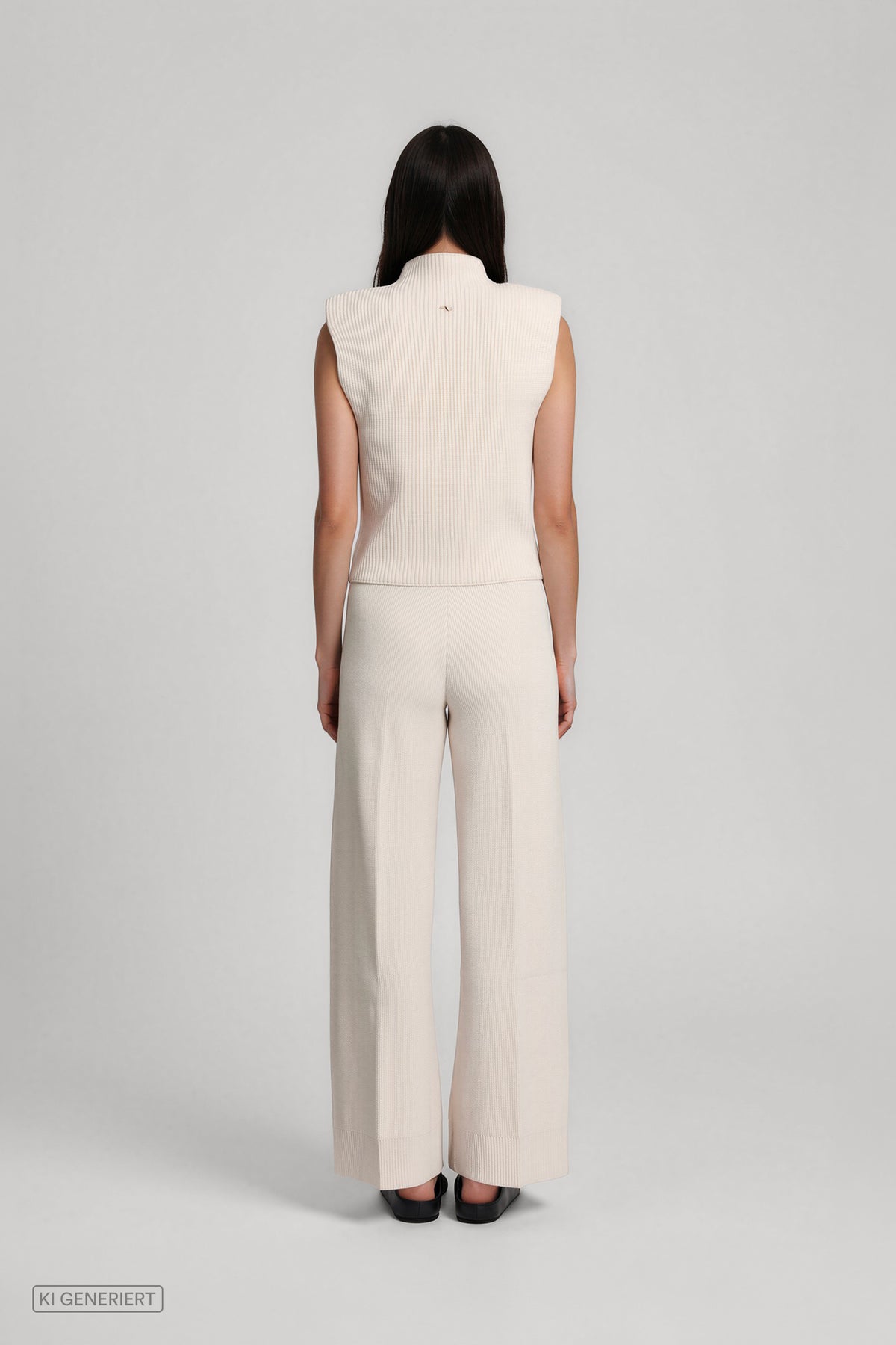 Rückansicht eines Models in einem cremeweißen, ärmellosen Rippstricktop mit Stehkragen und einer passenden weit geschnittenen Strickhose.