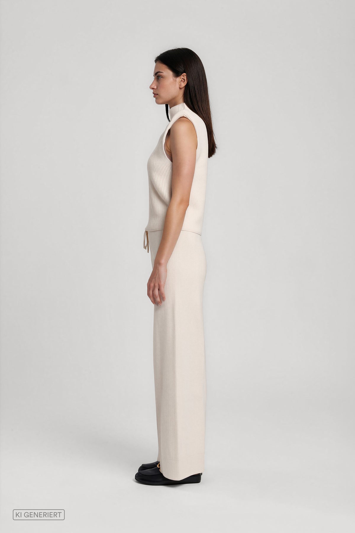Seitenansicht eines Models in einem cremeweißen, ärmellosen Rippstricktop mit Stehkragen und einer passenden weit geschnittenen Strickhose mit Bindeband.