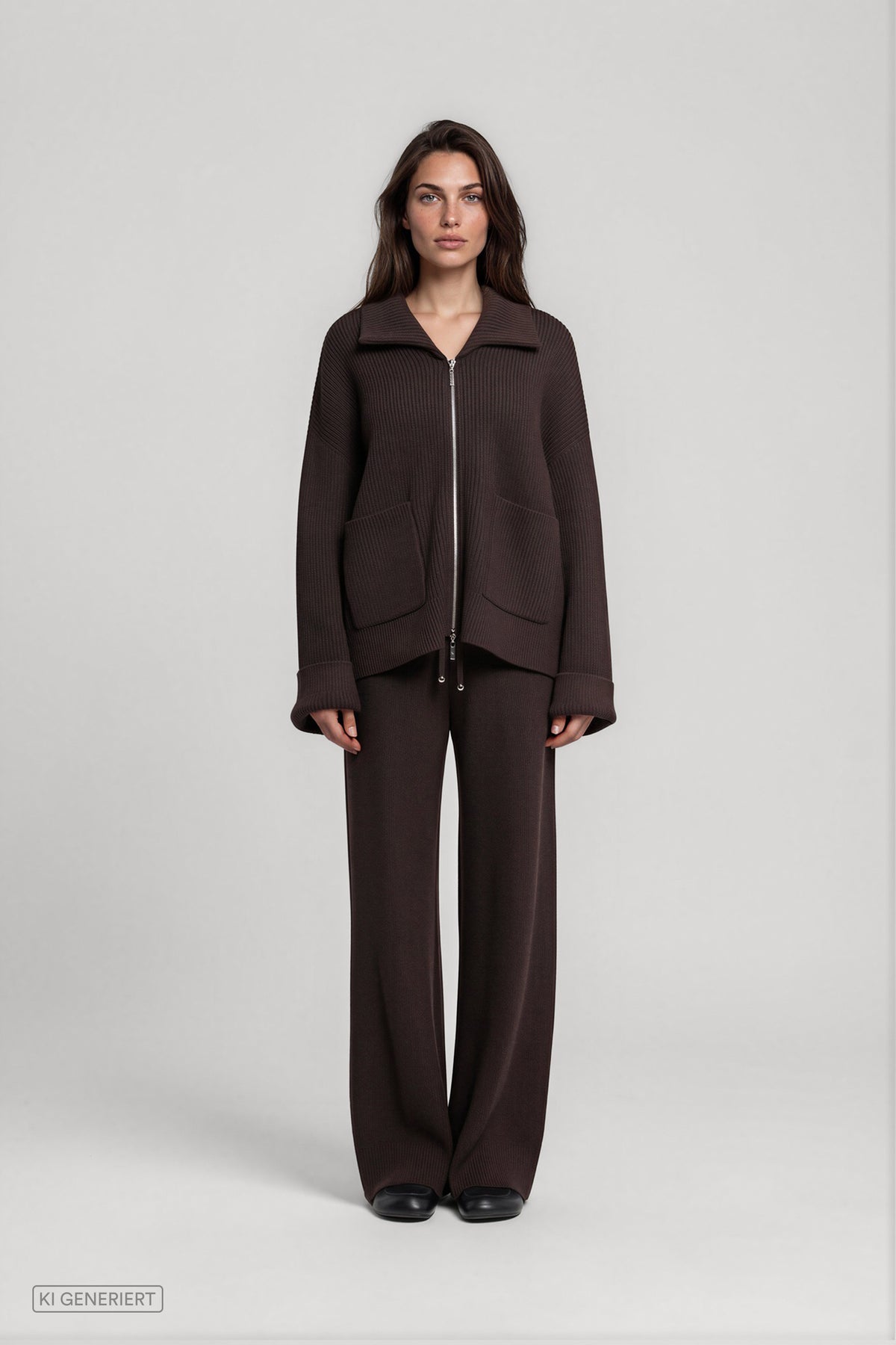 Vorderansicht eines Models in einer dunkelbraunen, gerippten Strickjacke mit Kragen, Zwei-Wege-Reißverschluss und aufgesetzten Taschen, kombiniert mit einer passenden weit geschnittenen Strickhose.