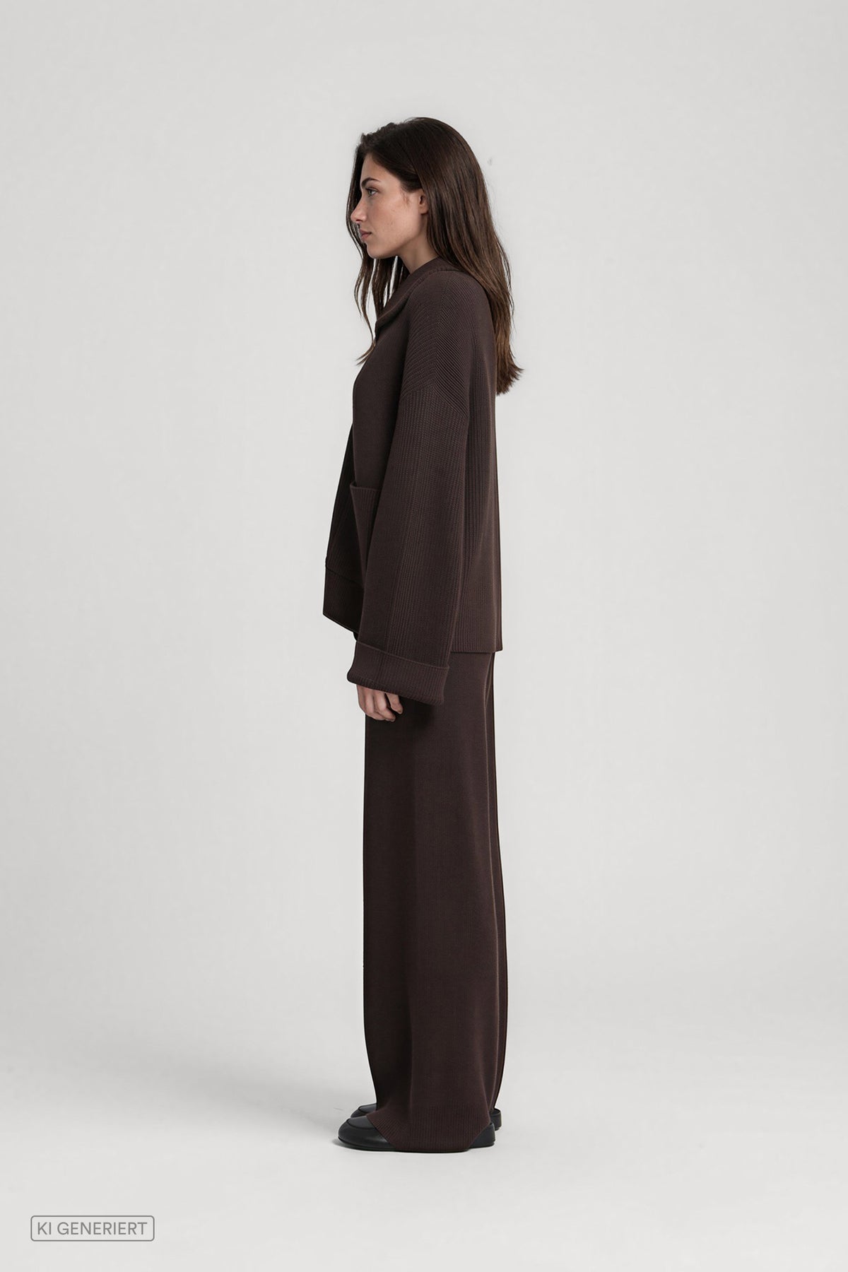 Seitenansicht eines Models in einer dunkelbraunen, gerippten Strickjacke mit Kragen und weiten Ärmeln, kombiniert mit einer passenden weit geschnittenen Strickhose.