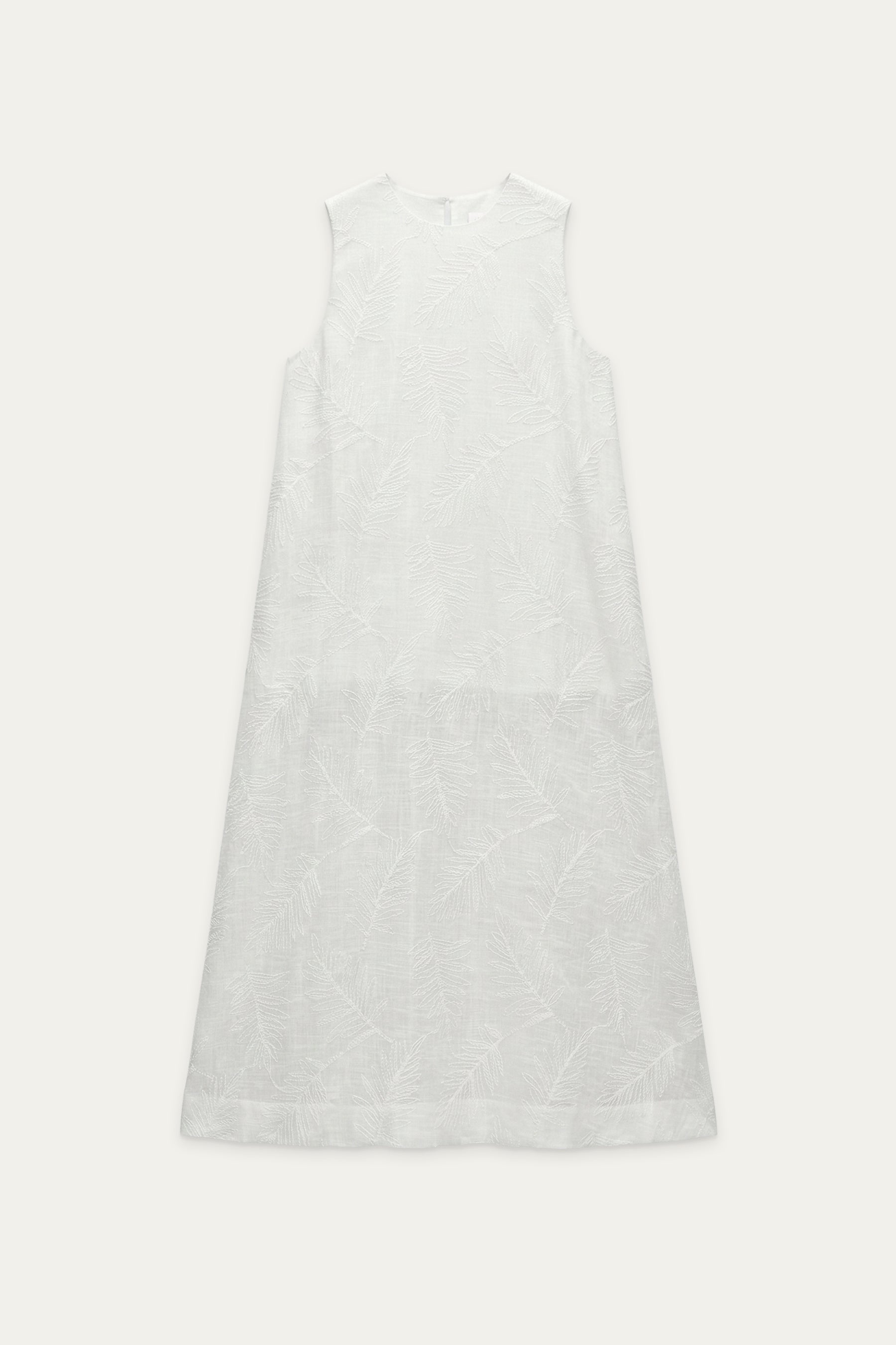Ärmelloses Maxikleid in Offwhite mit eingewebtem Blattmuster und locker fallender A-Linie