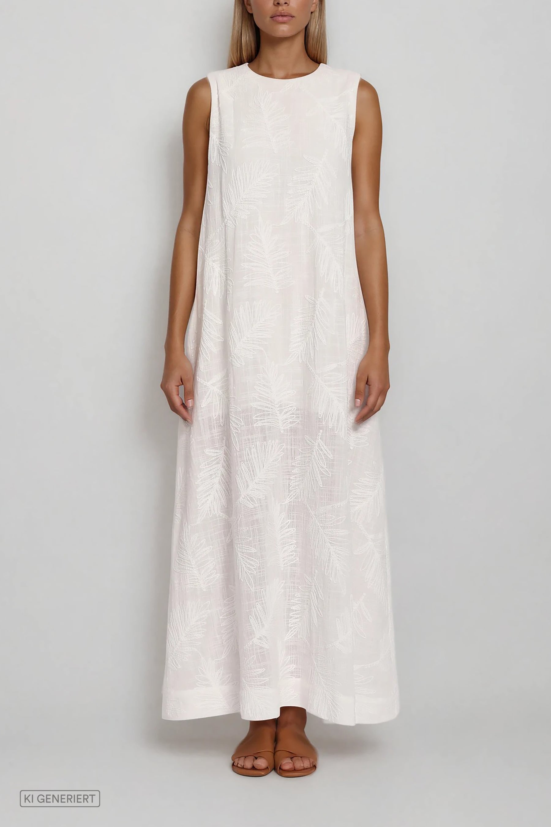 Langes Sommerkleid in Offwhite mit weitem Schnitt, seitlichen Taschen und feinem Blattdessin
