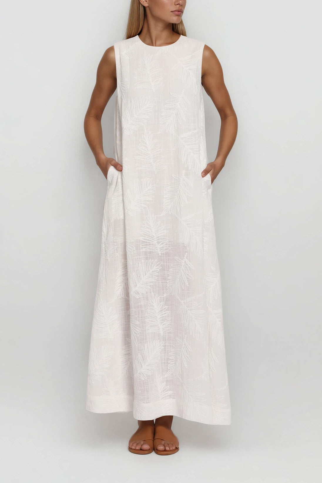 GIA MAXI DRESS OFFWHITE LEAVES