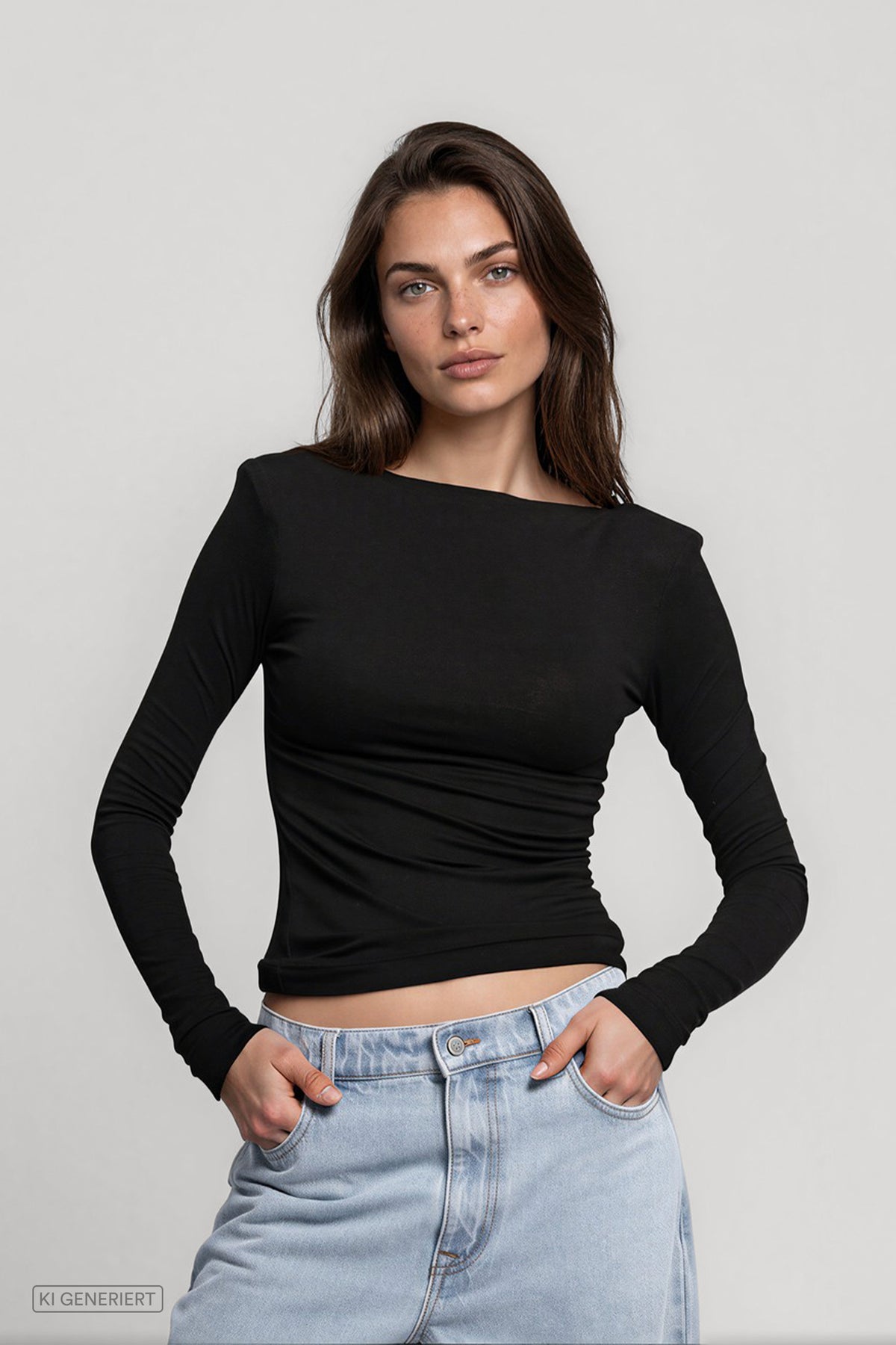 Nahaufnahme eines Models in einem schwarzen, figurbetonten Langarmshirt mit weitem Rundhalsausschnitt, kombiniert mit einer hellblauen Jeans.